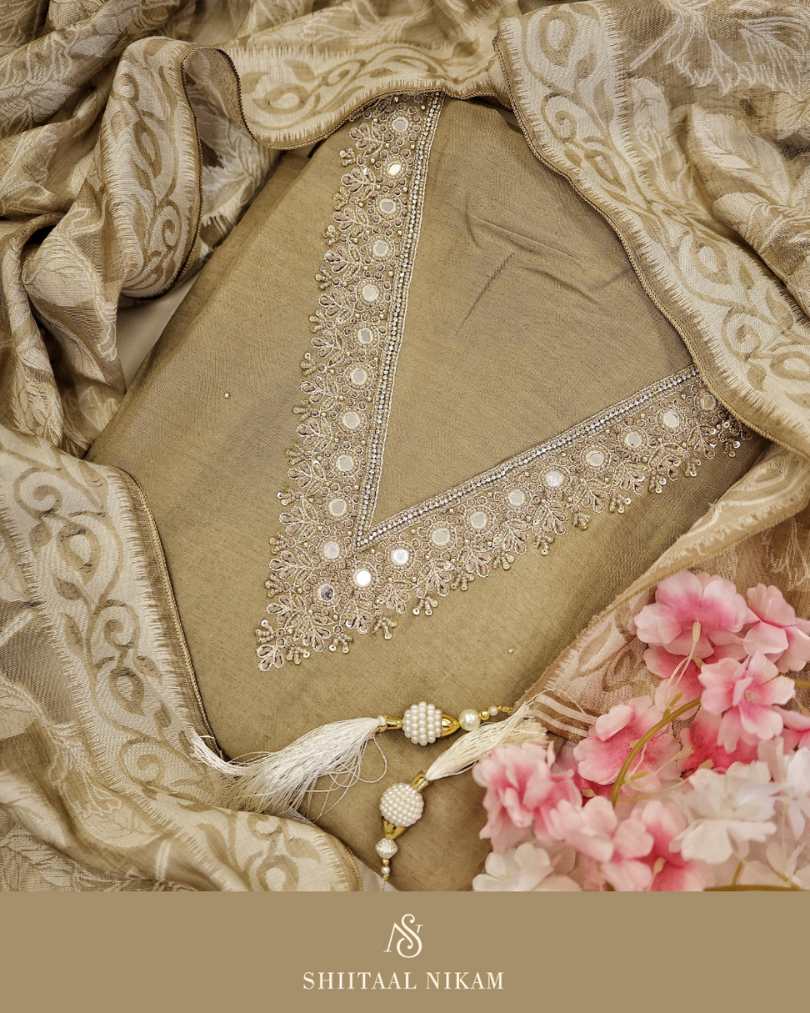 Beige Embroidered Kurta Dress Material