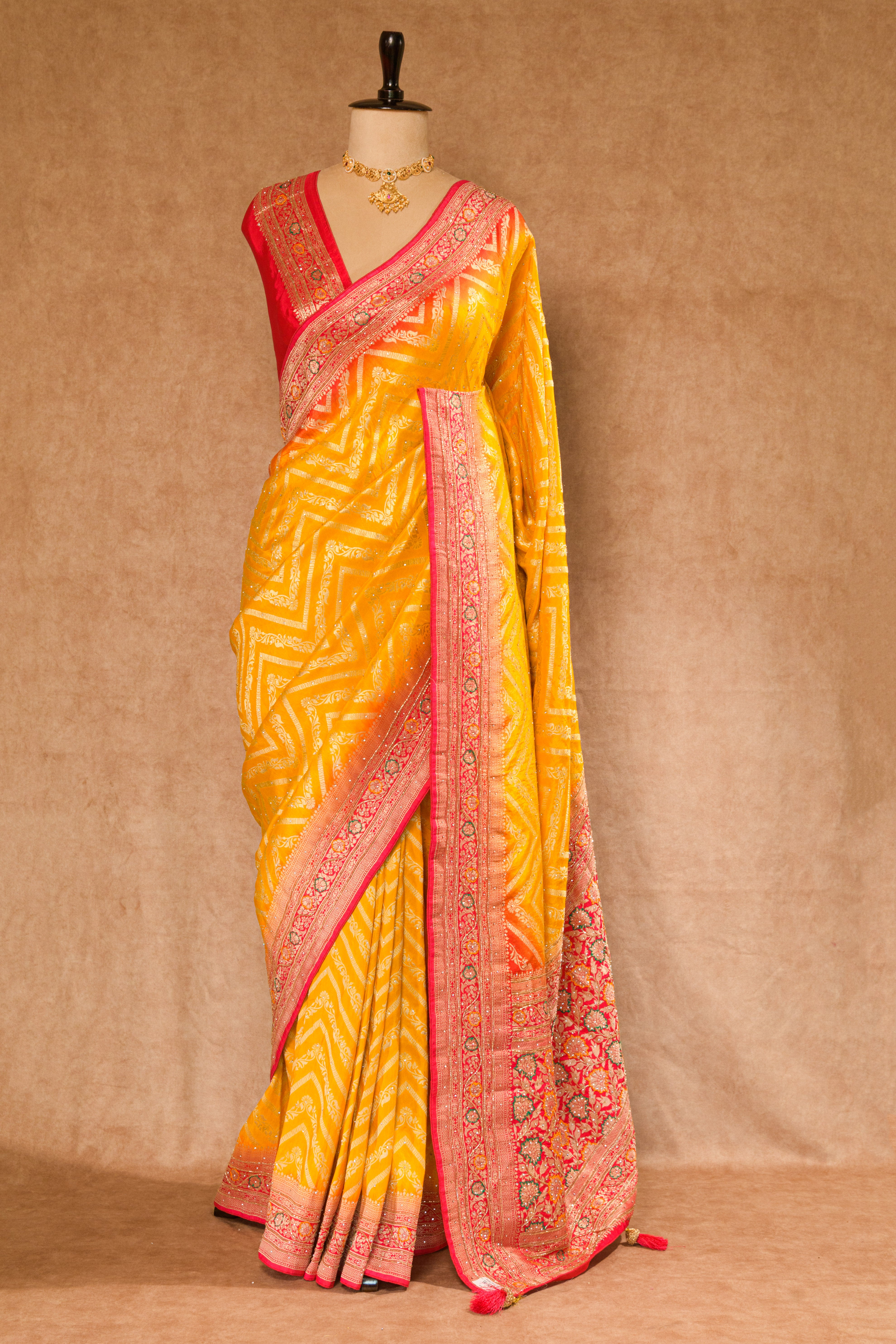 Yellow & Red Dolla Weaving Saree with Stone Work