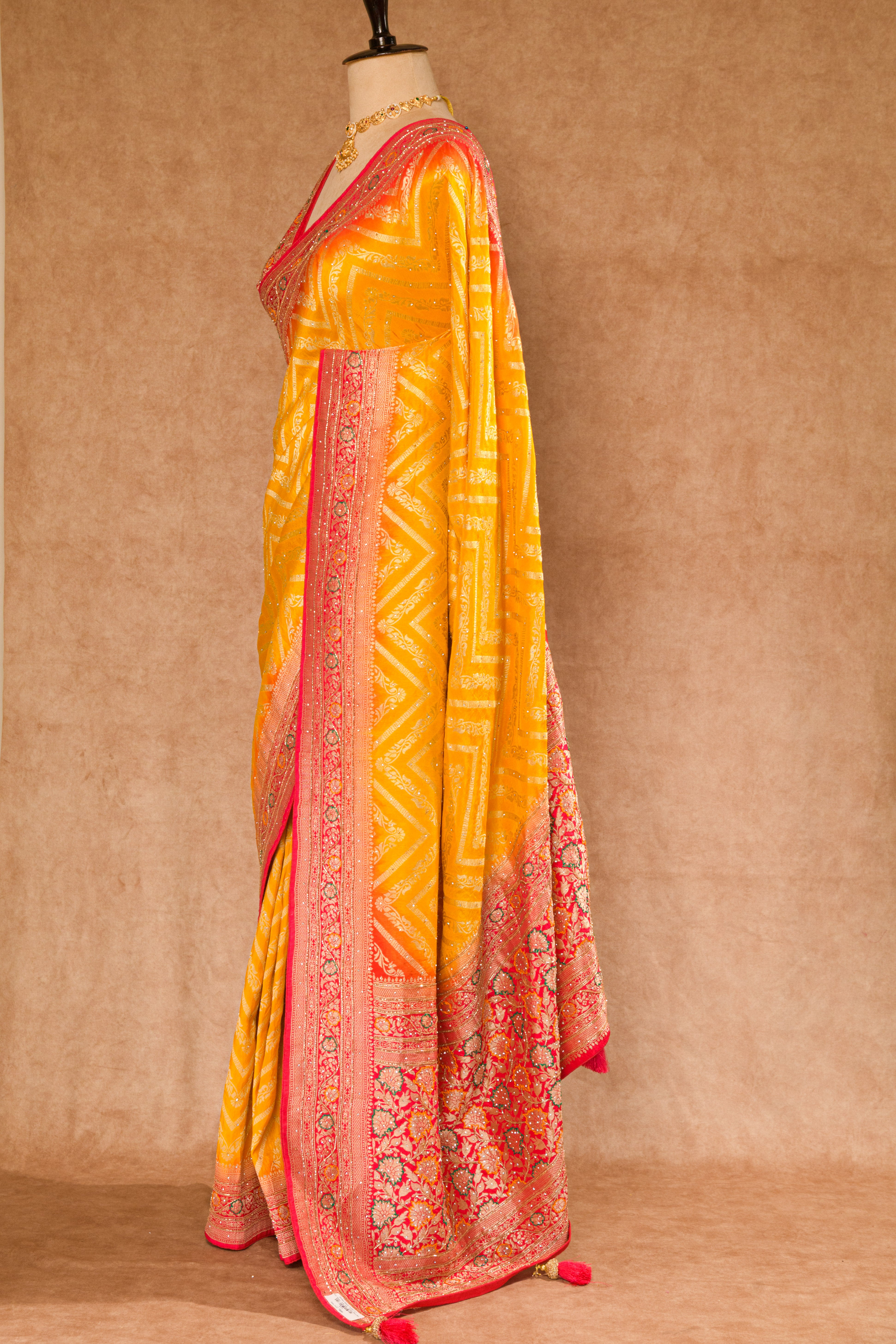 Yellow & Red Dolla Weaving Saree with Stone Work