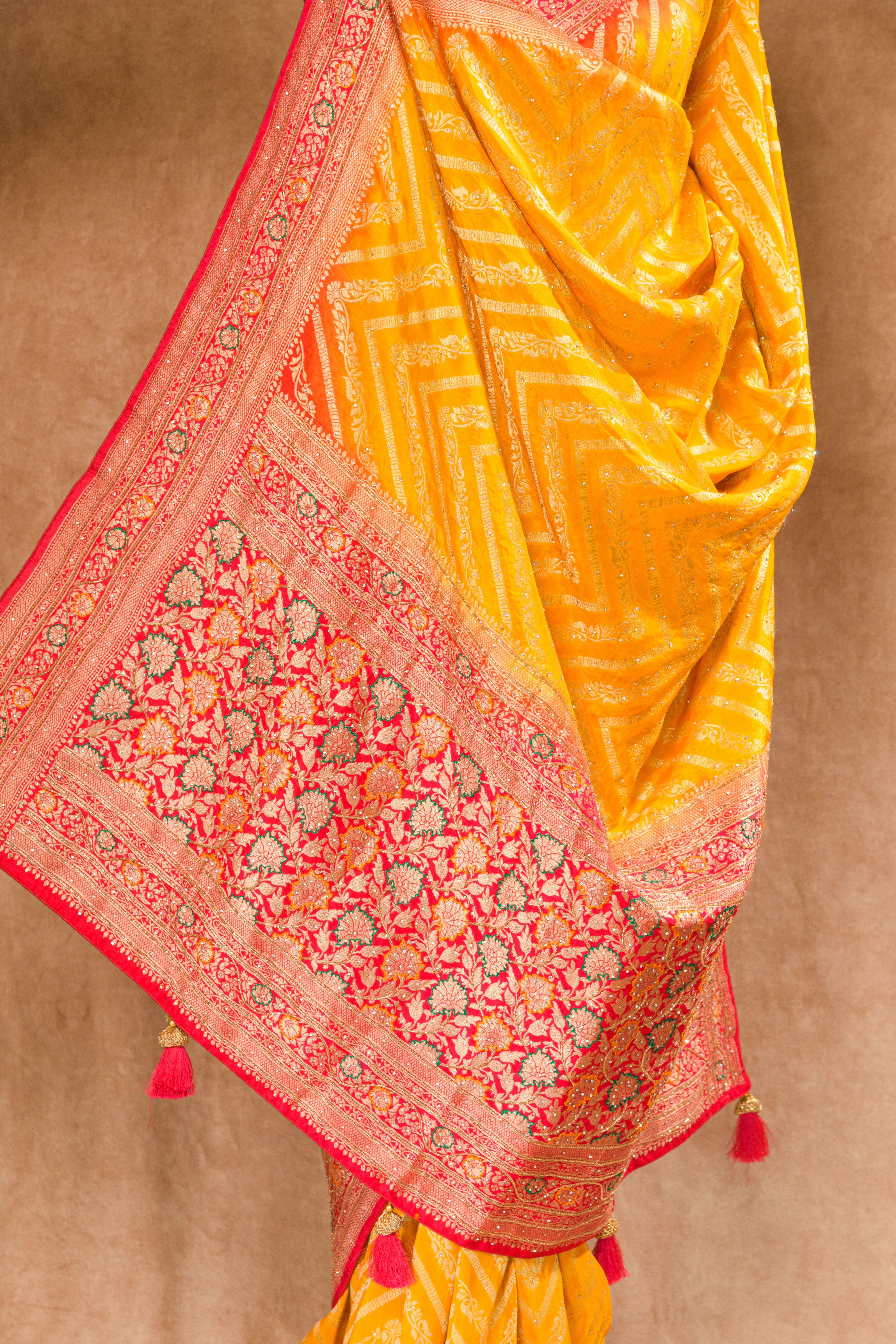 Yellow & Red Dolla Weaving Saree with Stone Work