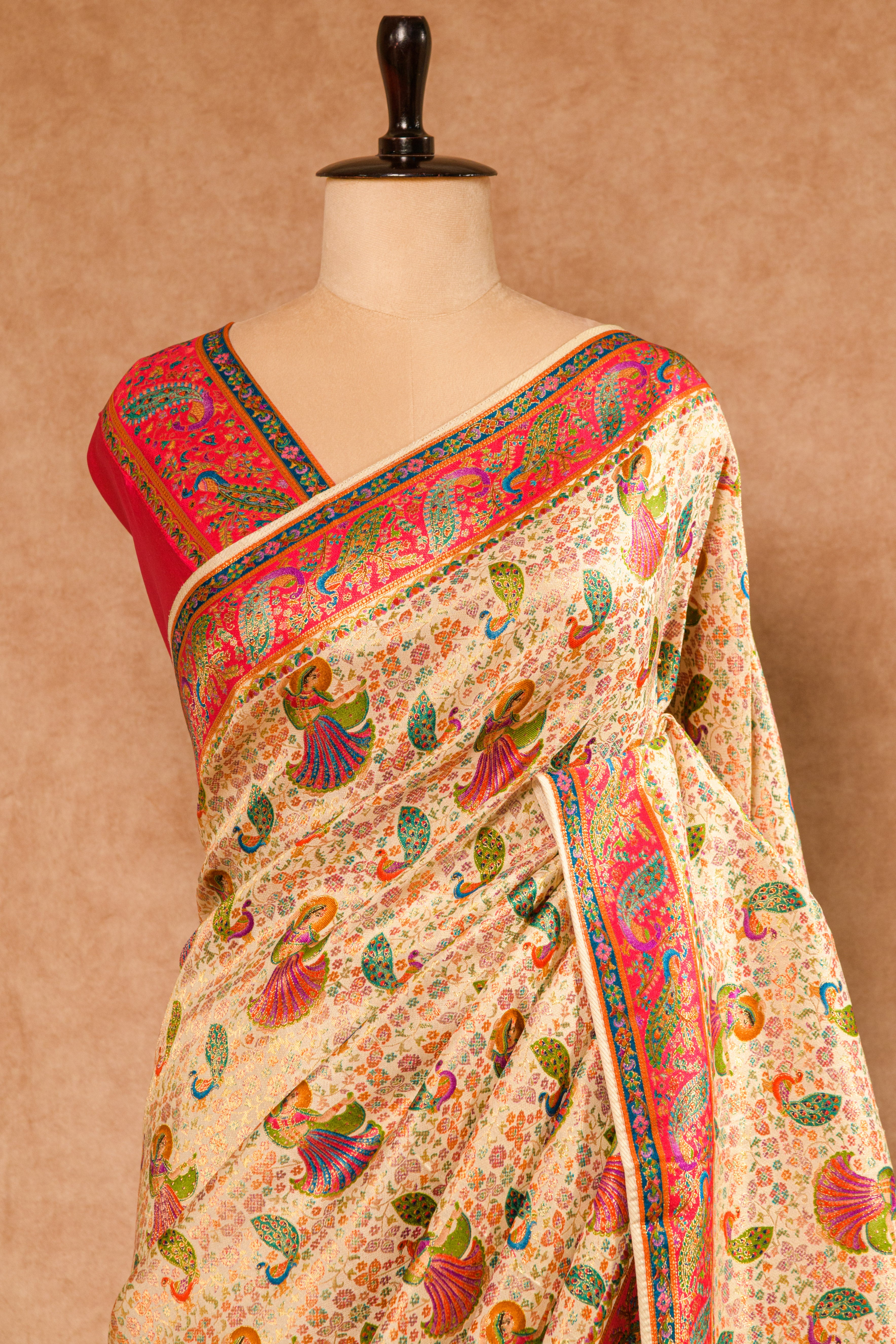 Cream & Rani Kanjivaram Tissue Saree with Position Print