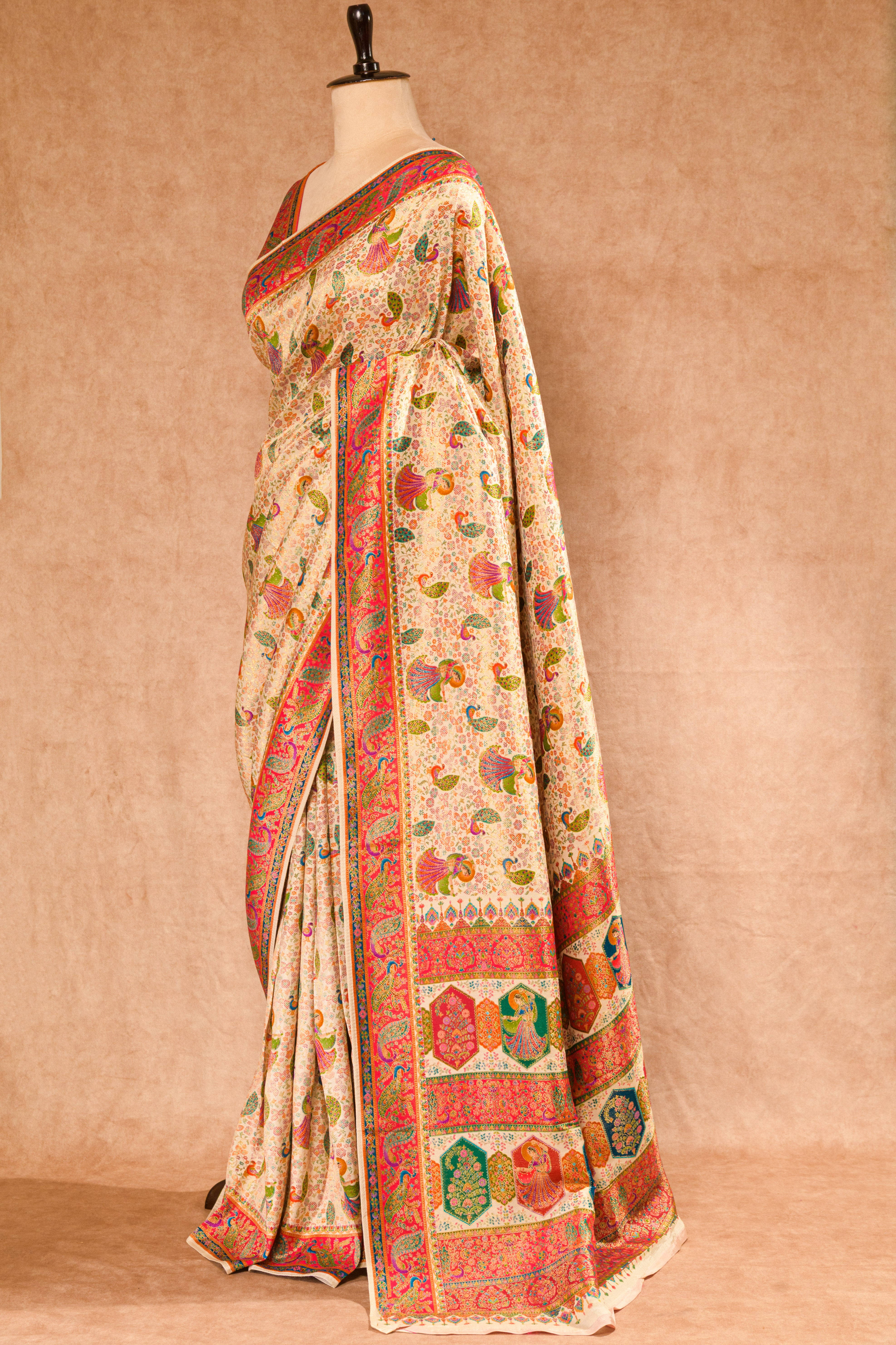 Cream & Rani Kanjivaram Tissue Saree with Position Print