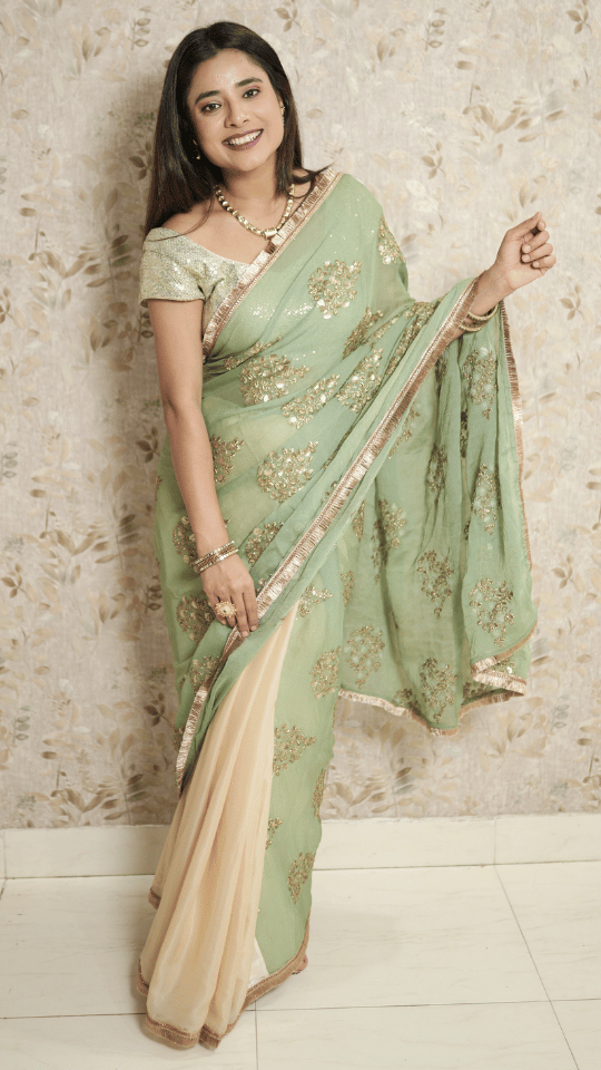 Mint Green Silk Shimmer Georgette Saree with Heavy Sequin Pallu & Contrast Blouse