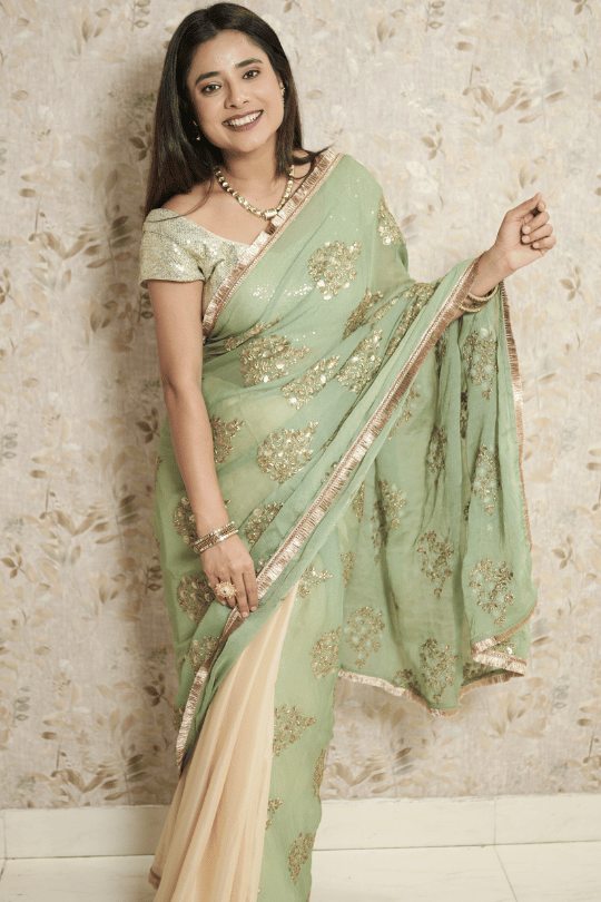 Mint Green Silk Shimmer Georgette Saree with Heavy Sequin Pallu & Contrast Blouse
