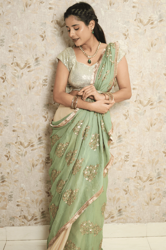 Mint Green Silk Shimmer Georgette Saree with Heavy Sequin Pallu & Contrast Blouse