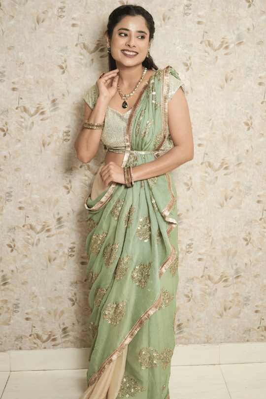Mint Green Silk Shimmer Georgette Saree with Heavy Sequin Pallu & Contrast Blouse