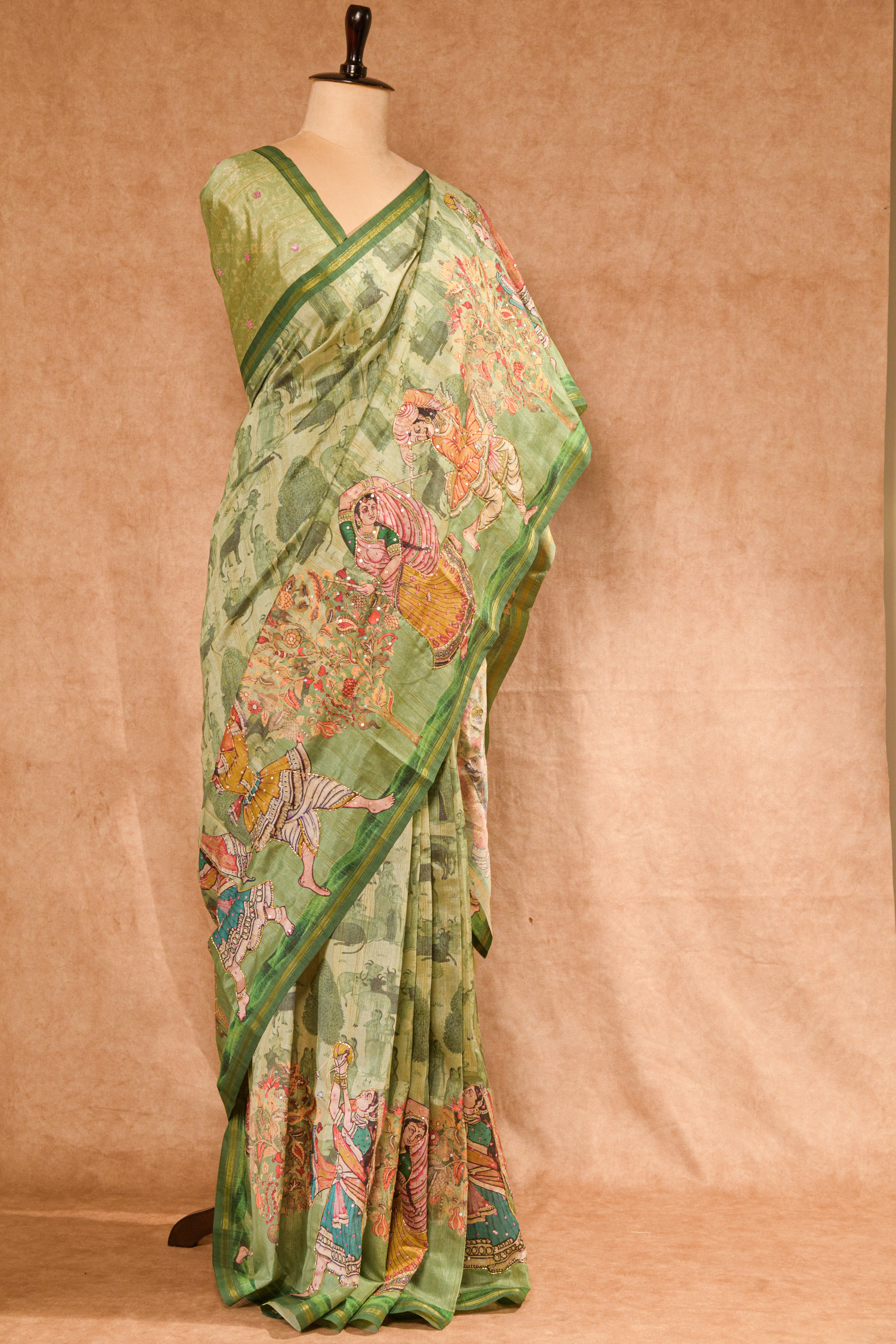 Pastel Rama Green Semi Tussar Saree with Warli Print & Cutdana Work