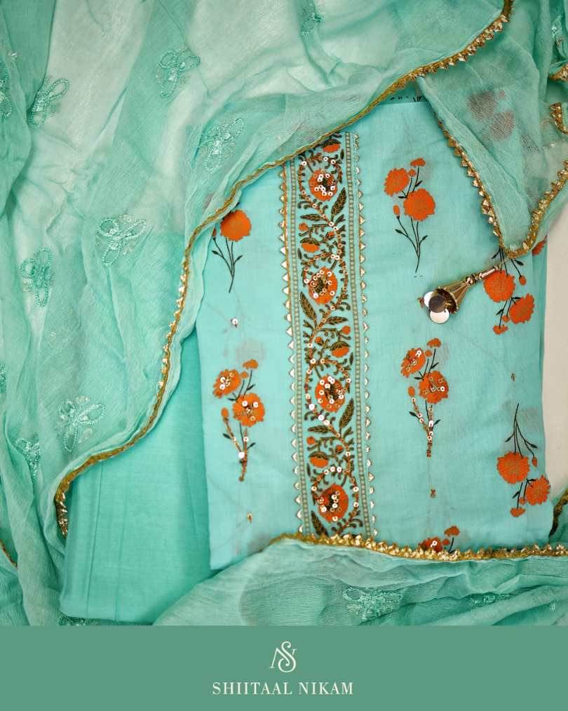 Aqua Cotton Suit Set with Floral Print, Sequin Work & Gota Lace