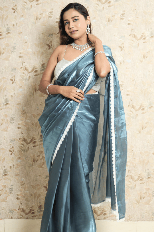 Grey Shiny Organza Saree with White Cut Dana Lace & Designer Blouse