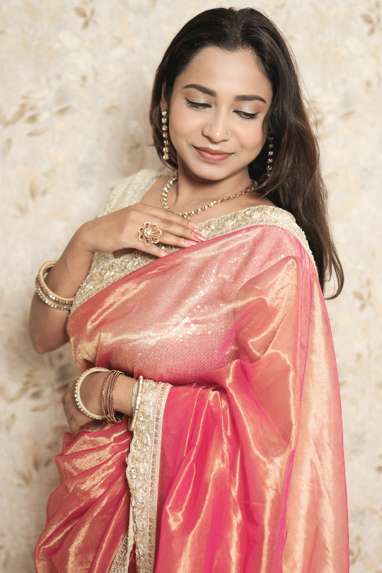 Peach Pink Soft Organza Saree with Golden Zari Sequin Work & Bottle Green Velvet Blouse