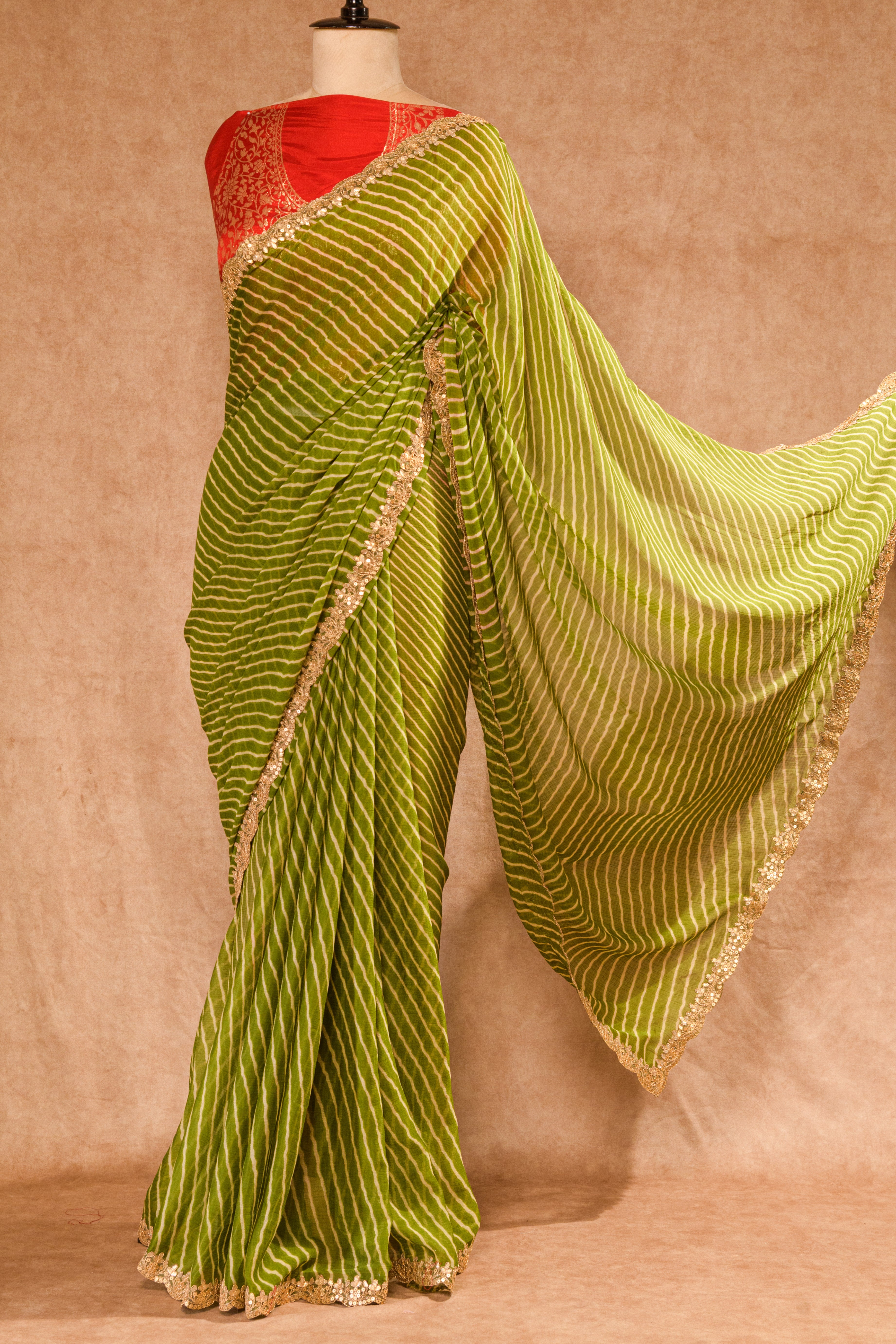 Mehandi Green Chiffon Leheriya Saree with Golden Sequin Lace & Maroon Silk Blouse