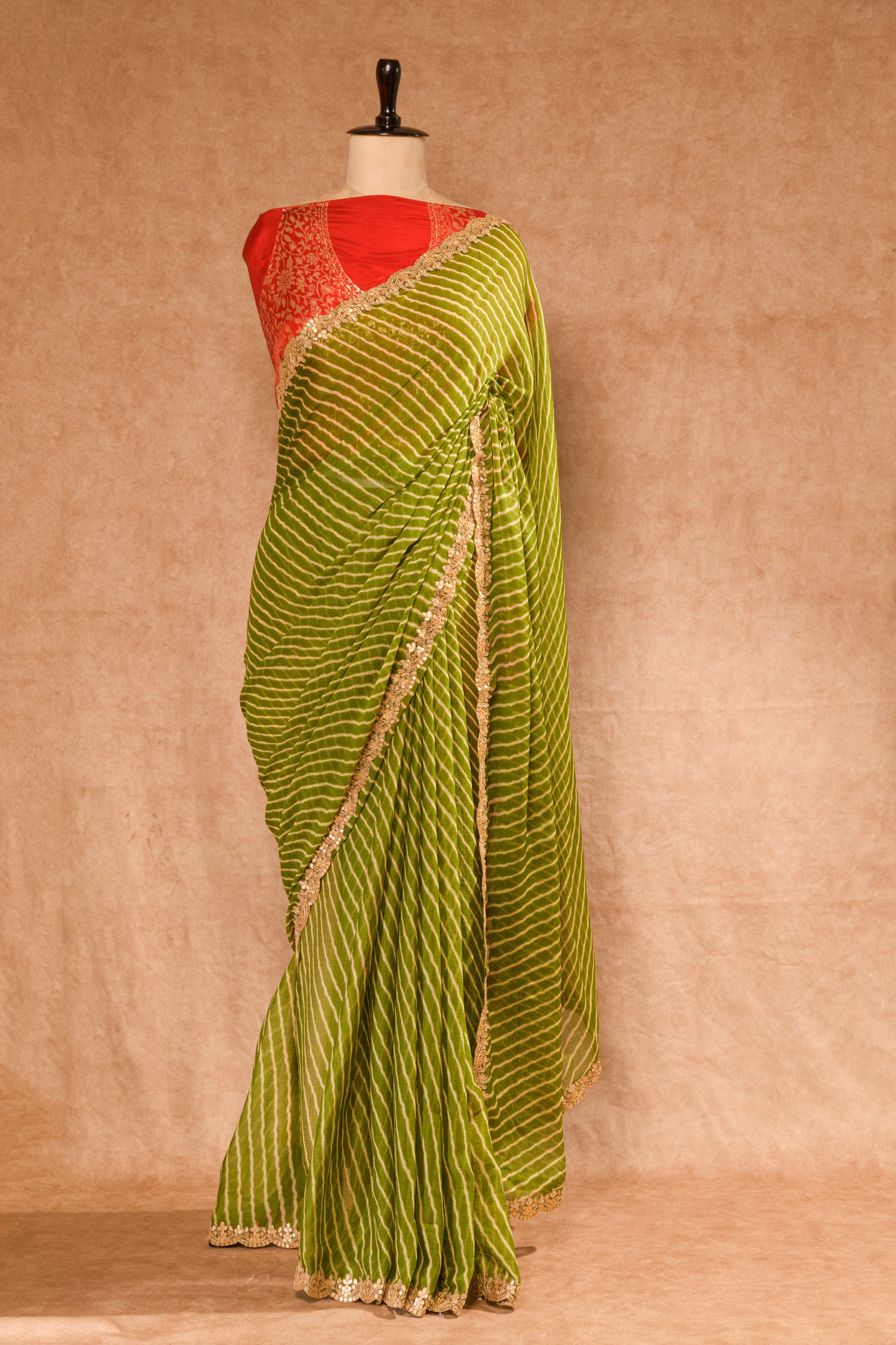 Mehandi Green Chiffon Leheriya Saree with Golden Sequin Lace & Maroon Silk Blouse