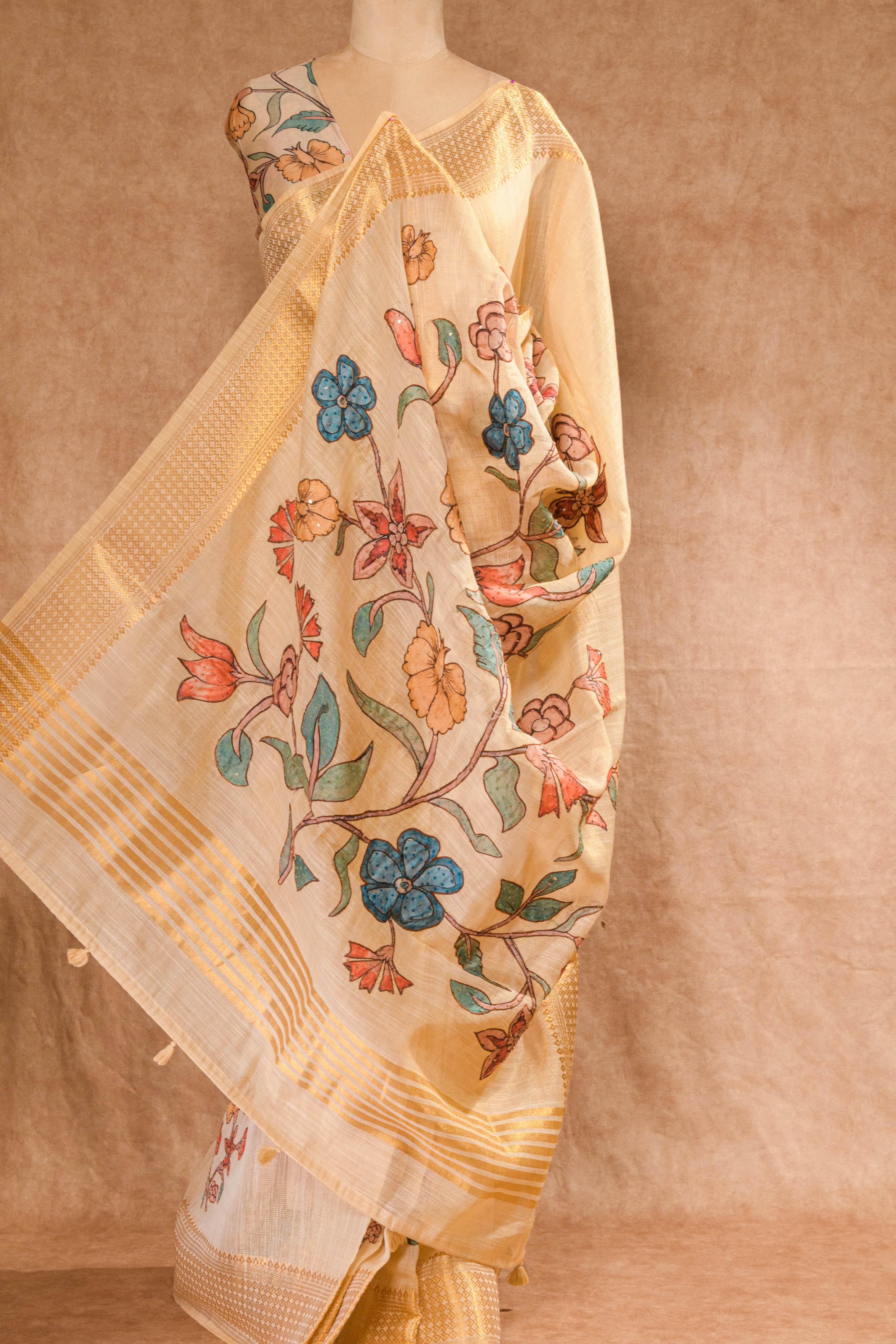 Cream Super Net Saree with Golden Zari Border & Moti-Sequence Work