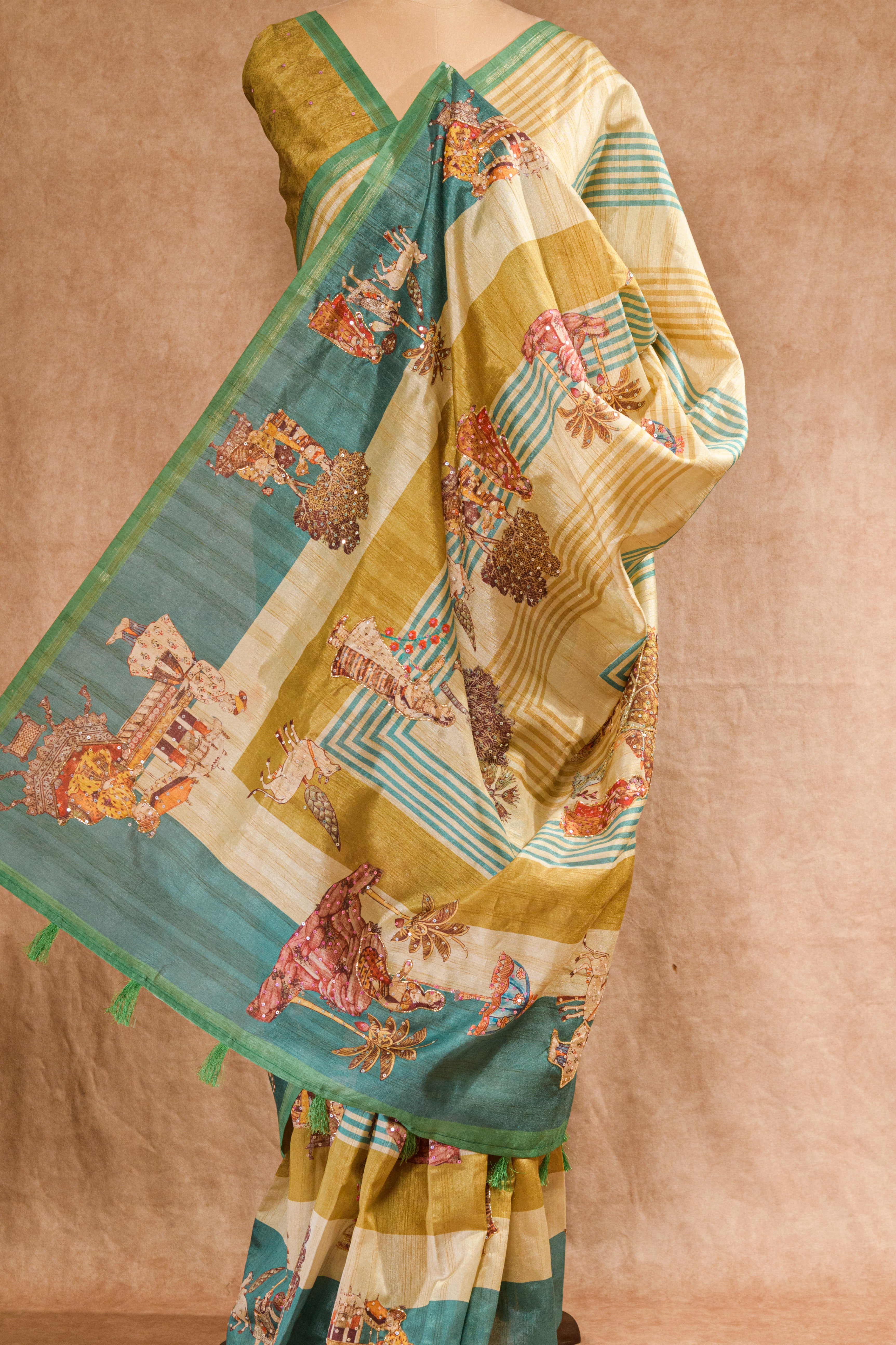 Pastel Rama Green & Cream Semi Tussar Saree with Warli Print & Cutdana Work
