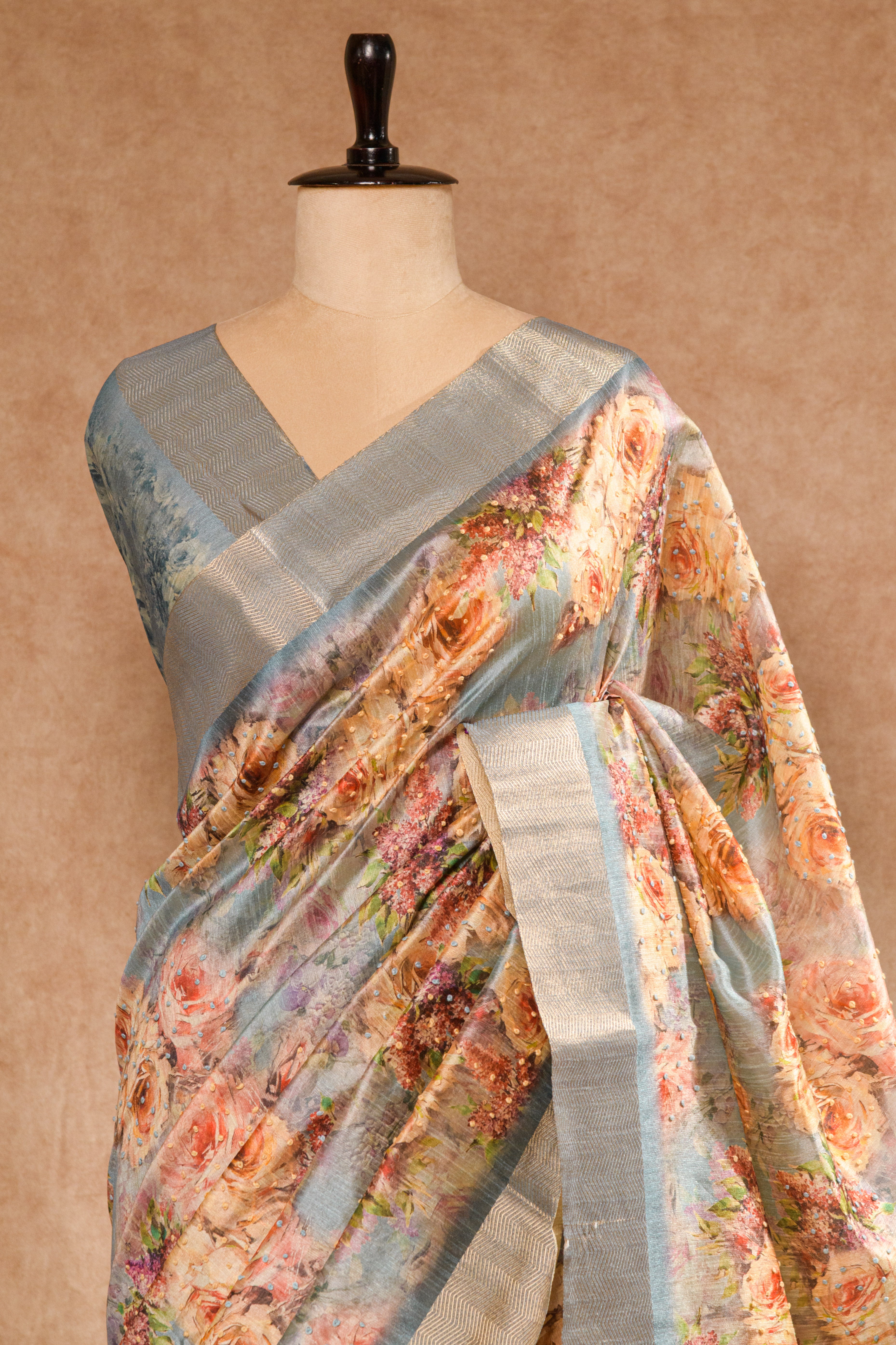 Grey Semi Tussar Silk Saree with Digital Print & Knot Work