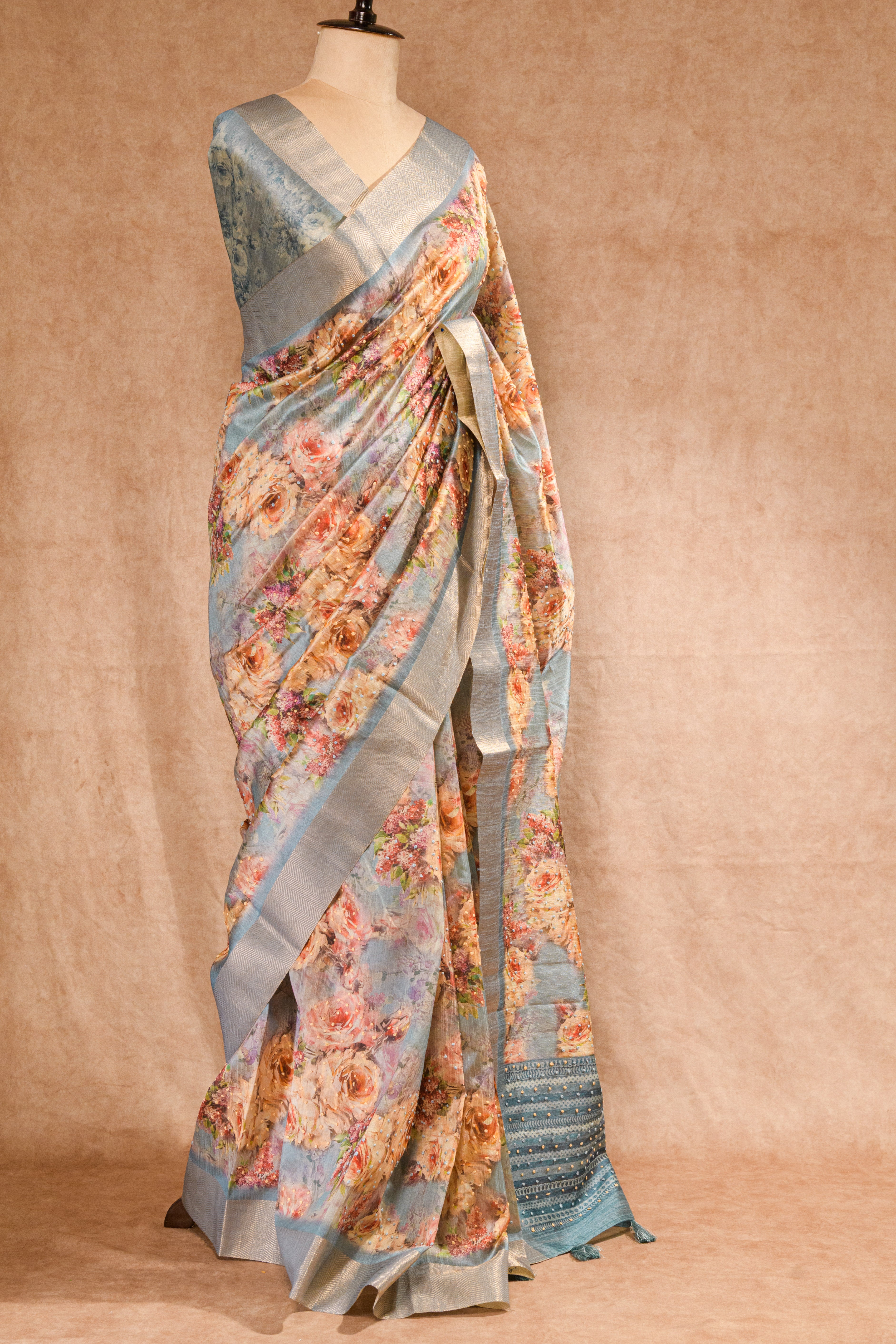 Grey Semi Tussar Silk Saree with Digital Print & Knot Work