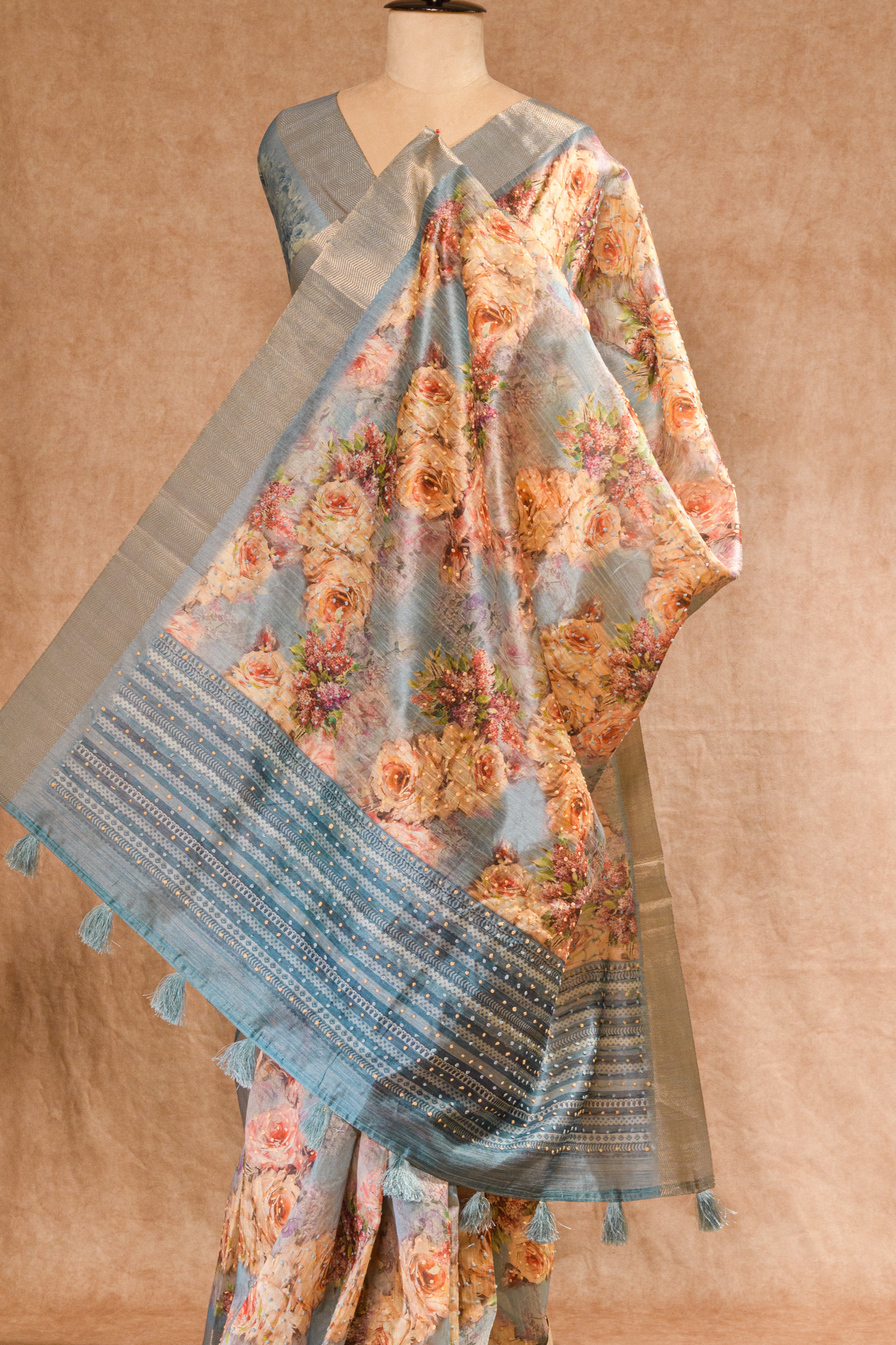Grey Semi Tussar Silk Saree with Digital Print & Knot Work