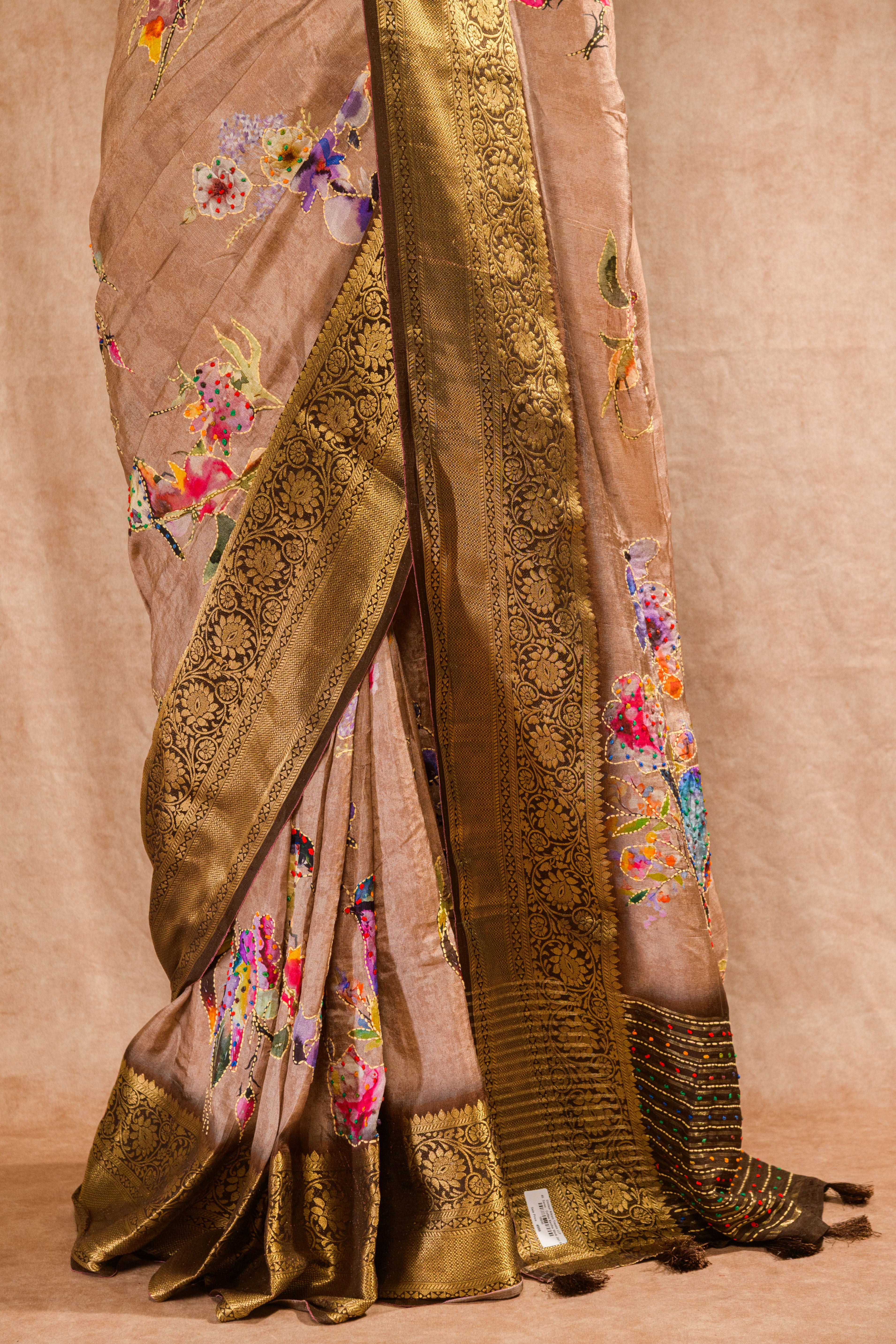 Pastel Mauve & Café Noir Pure Dolla Silk Saree with Katha & Knot Work