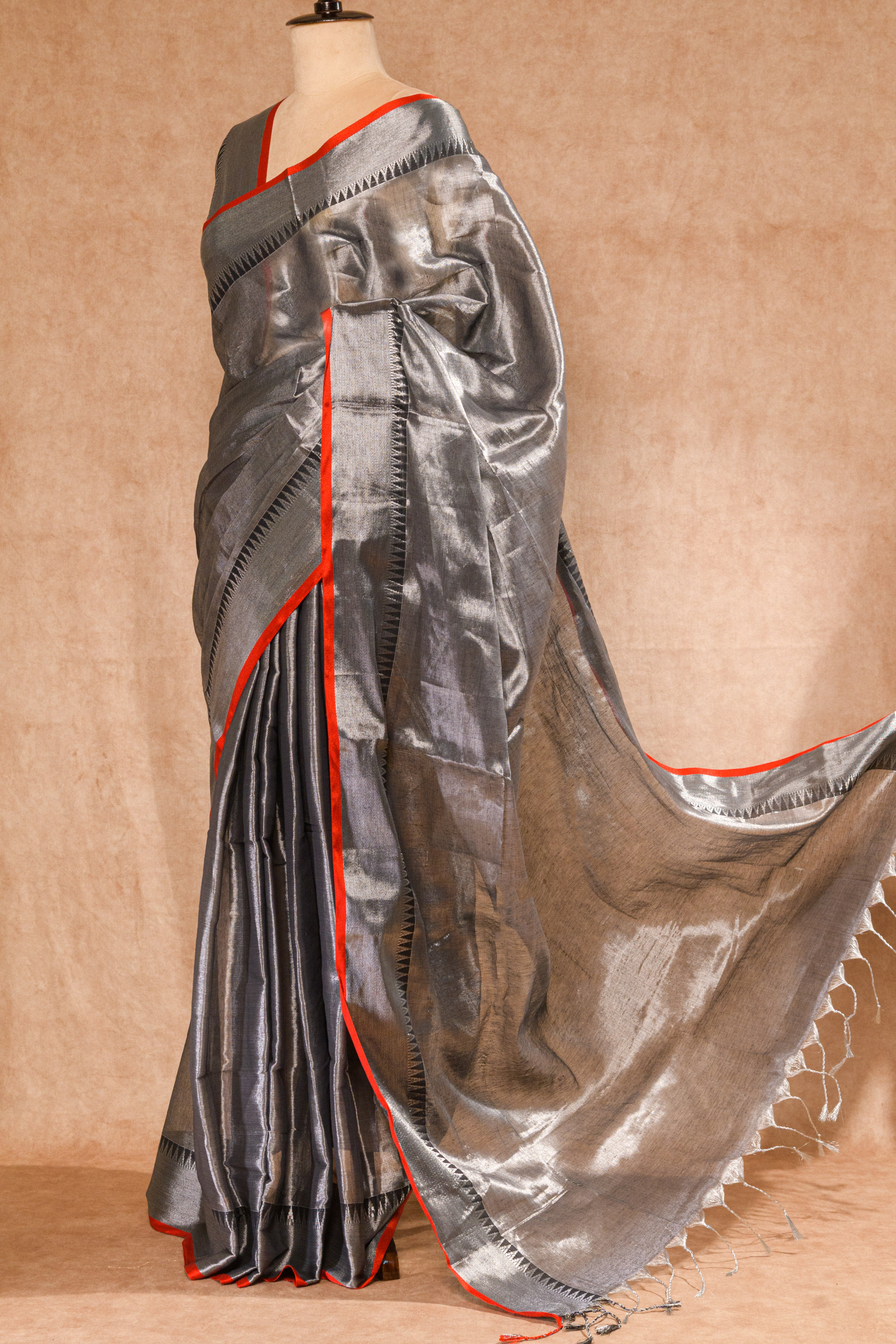 Silver Shiny Grey Tussar Saree with Running Blouse