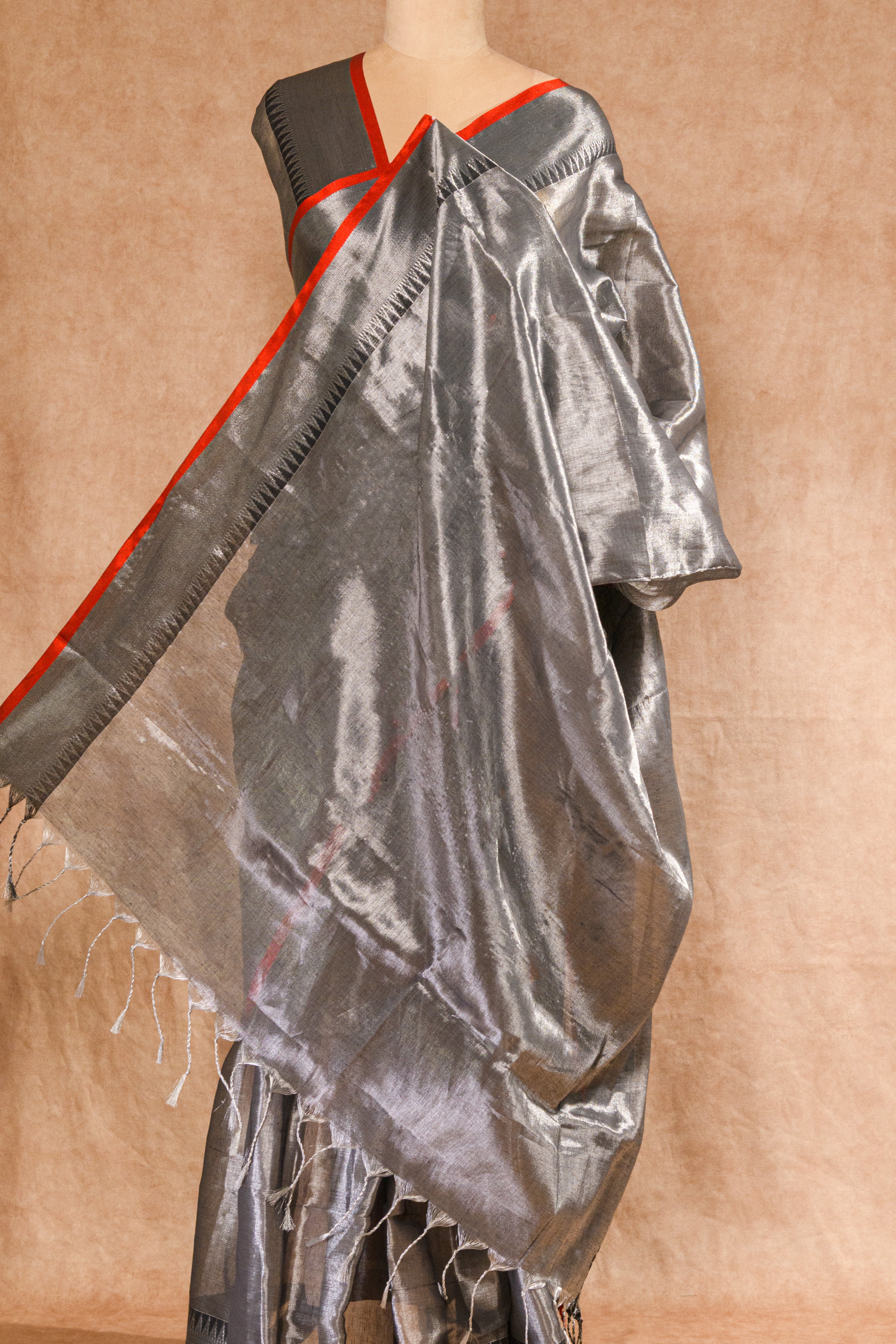 Silver Shiny Grey Tussar Saree with Running Blouse