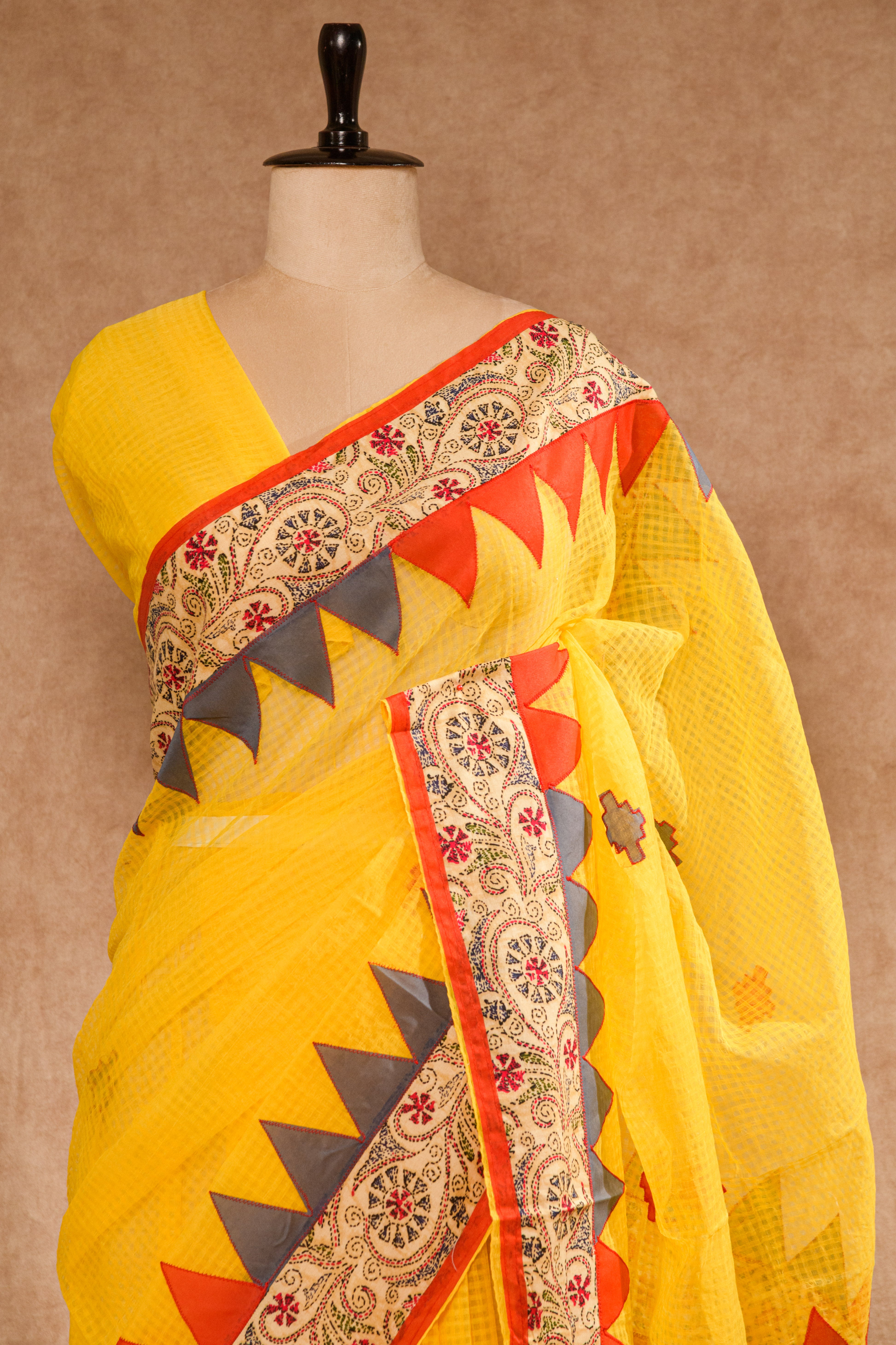 Yellow Handloom Saree with Multicolor Patch Work