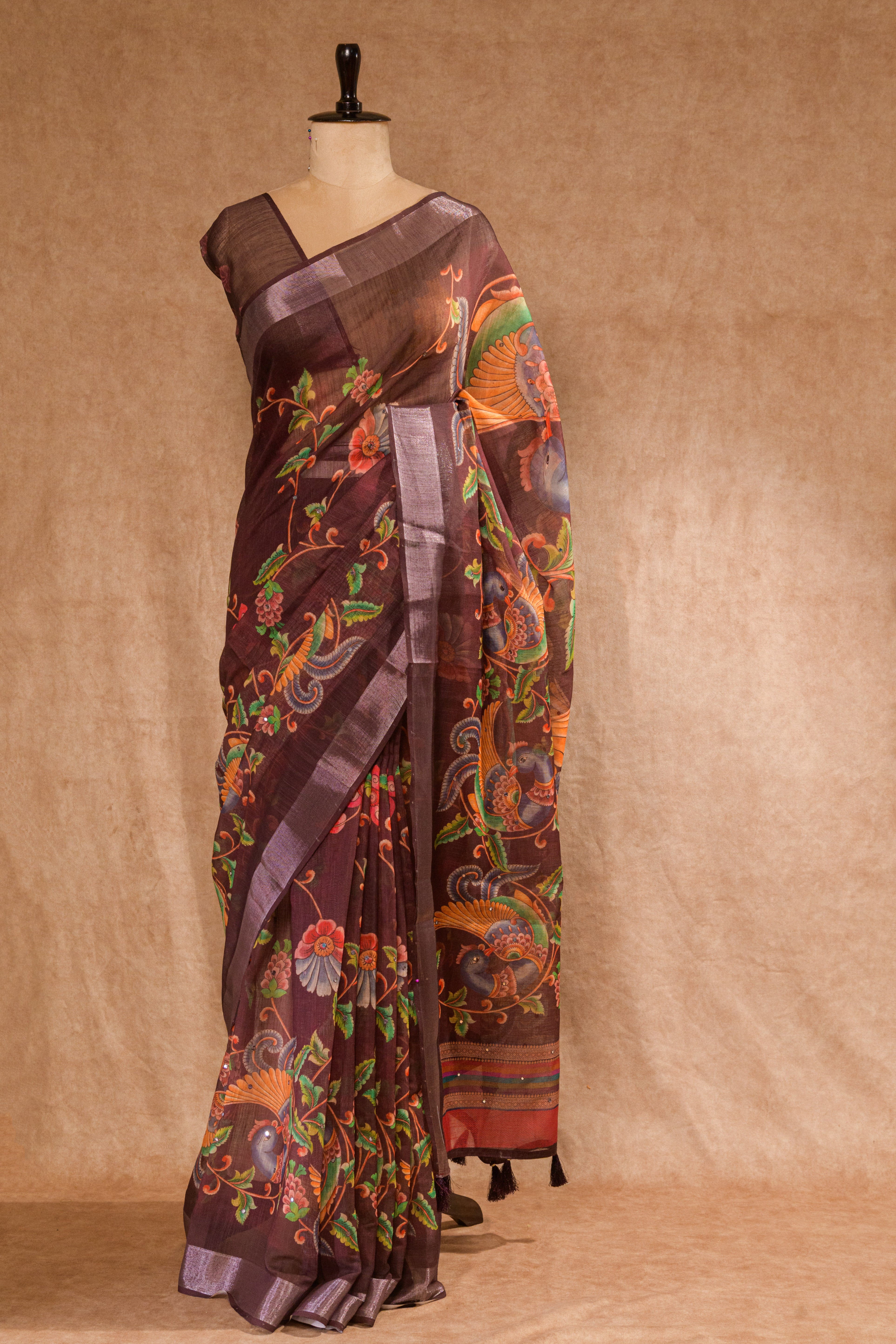 Coffee Brown Semi Linen Saree with Self-Print Blouse Piece