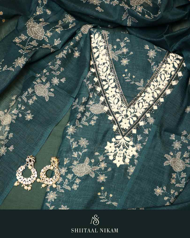 Deep Teal Muslin Chanderi Cotton Suit Set with Embroidered Kurta & Dupatta