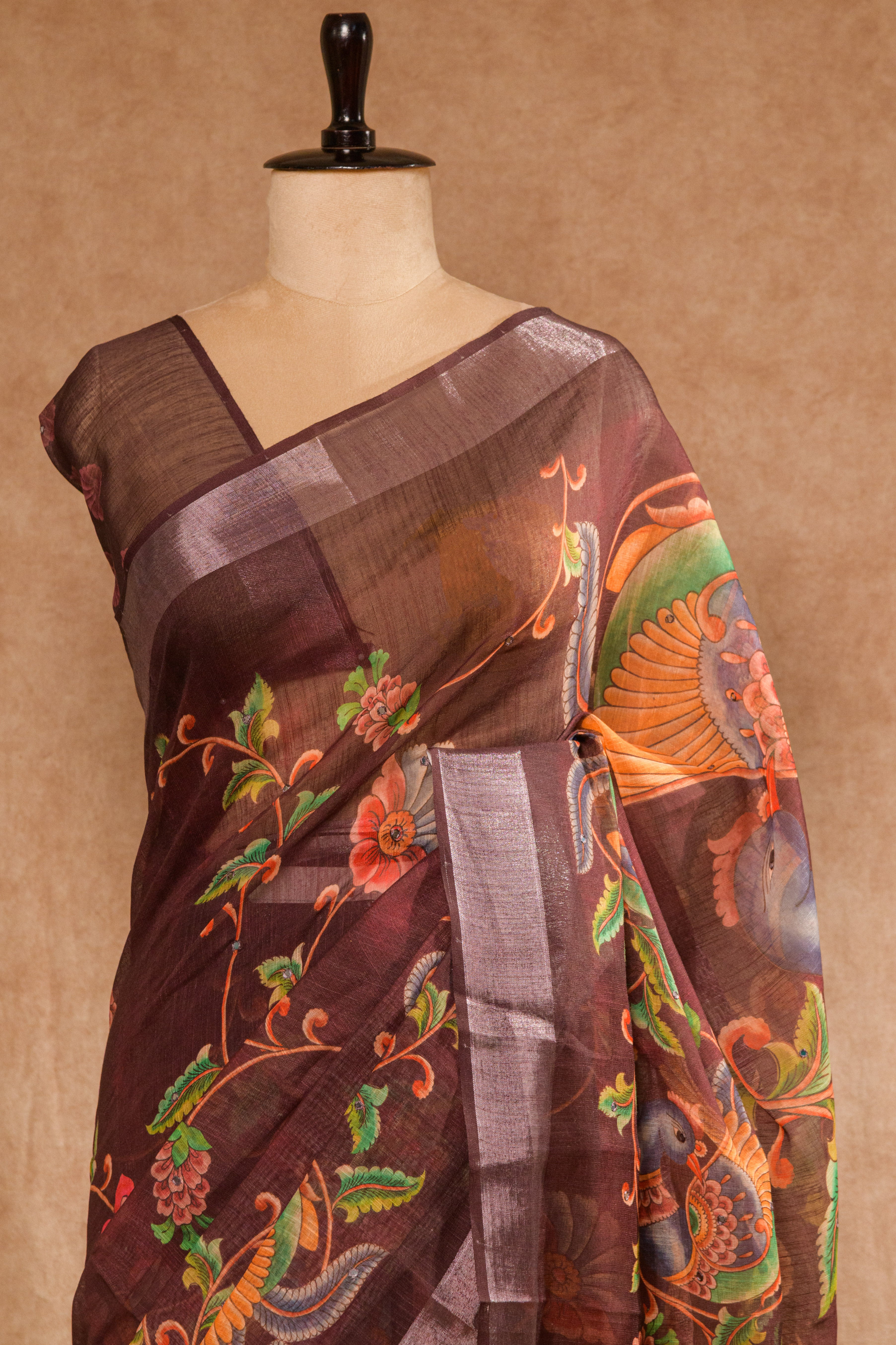 Coffee Brown Semi Linen Saree with Self-Print Blouse Piece