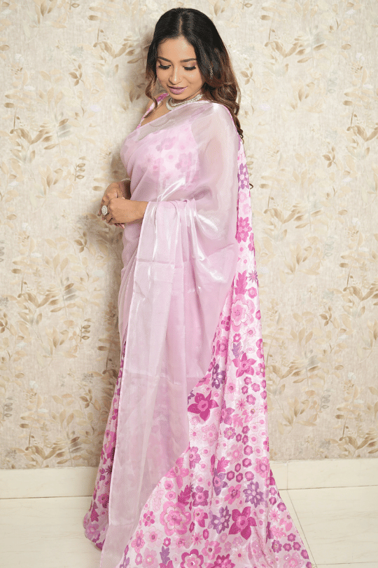 Onion Pink & Lavender Designer Silk Organza Saree with Crystal Hangs on Pallu