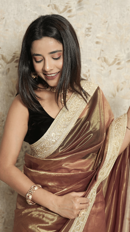 Mustard Brown Golden Organza Saree with Zari Embroidered Sequin Border & Banarasi Blouse