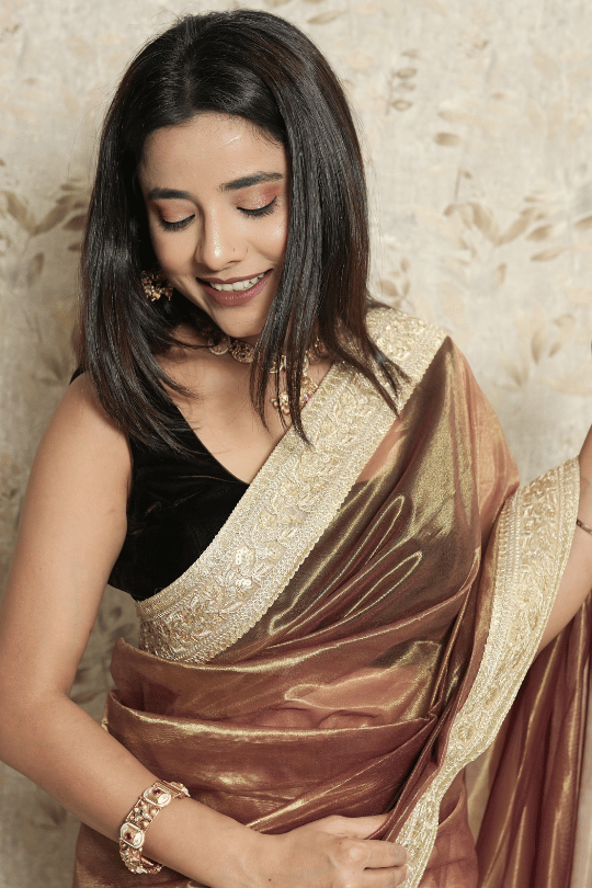 Mustard Brown Golden Organza Saree with Zari Embroidered Sequin Border & Banarasi Blouse