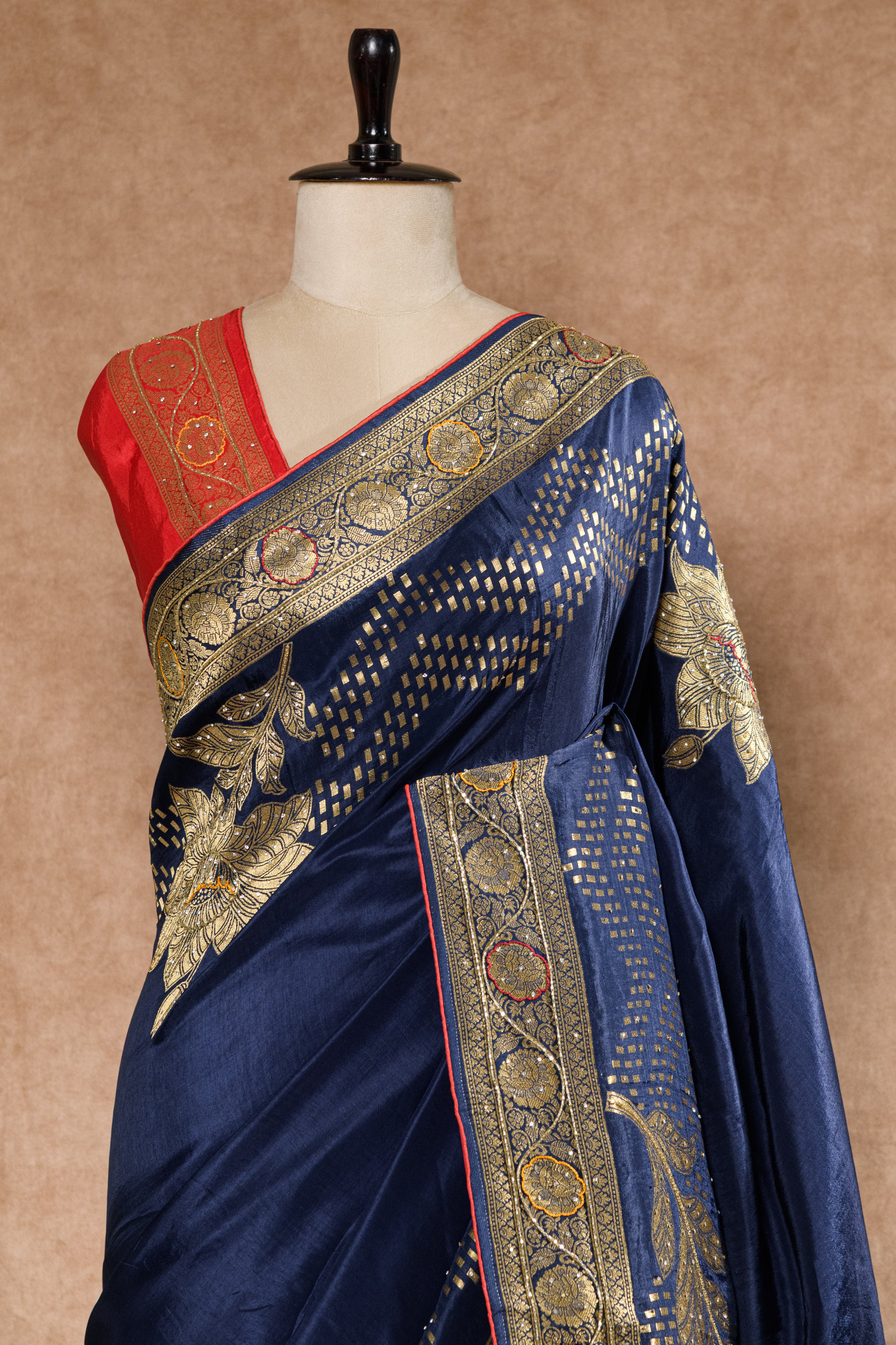 Navy Blue & Red Dolla Weaving Saree with Cutdana & Stone Work