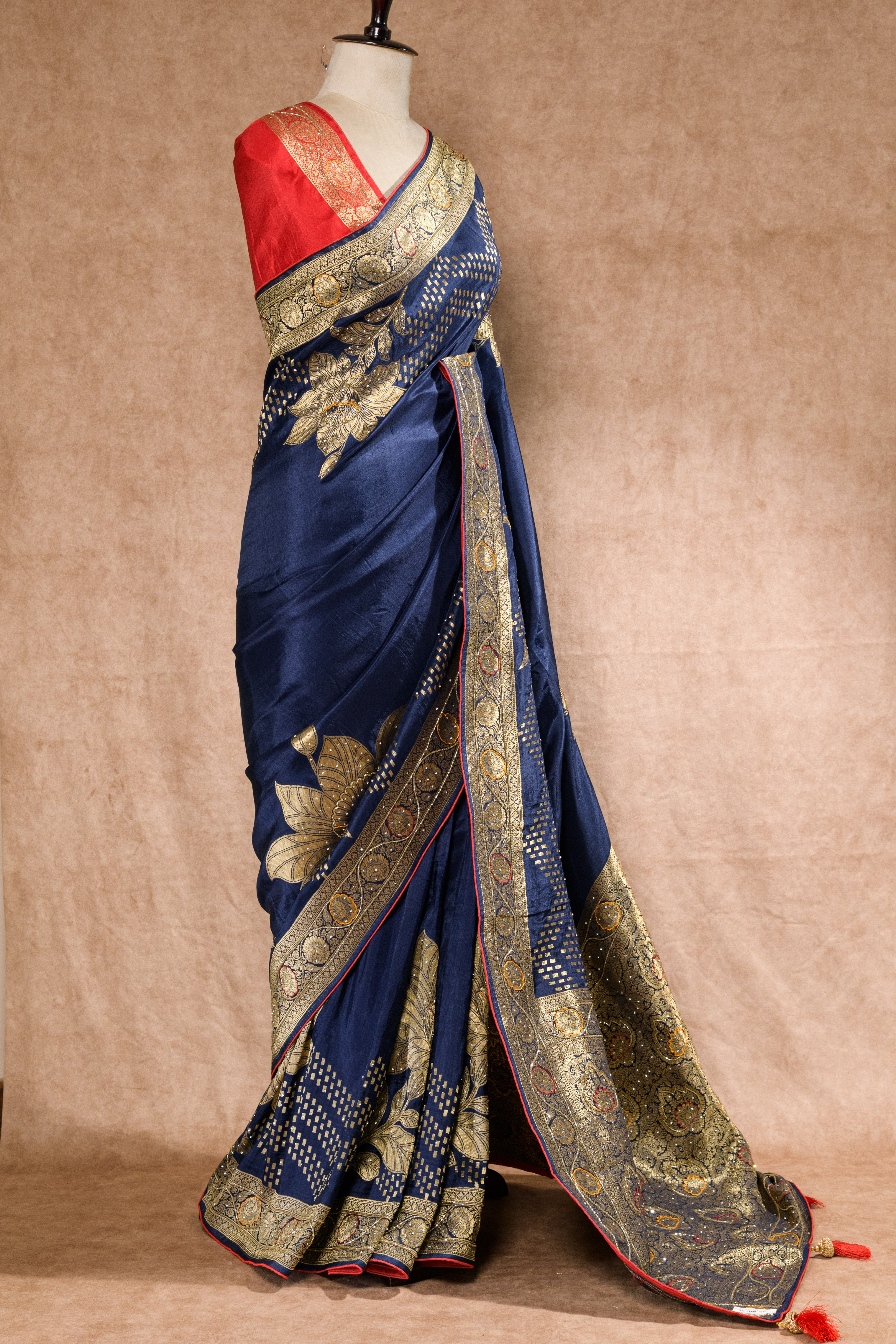 Navy Blue & Red Dolla Weaving Saree with Cutdana & Stone Work