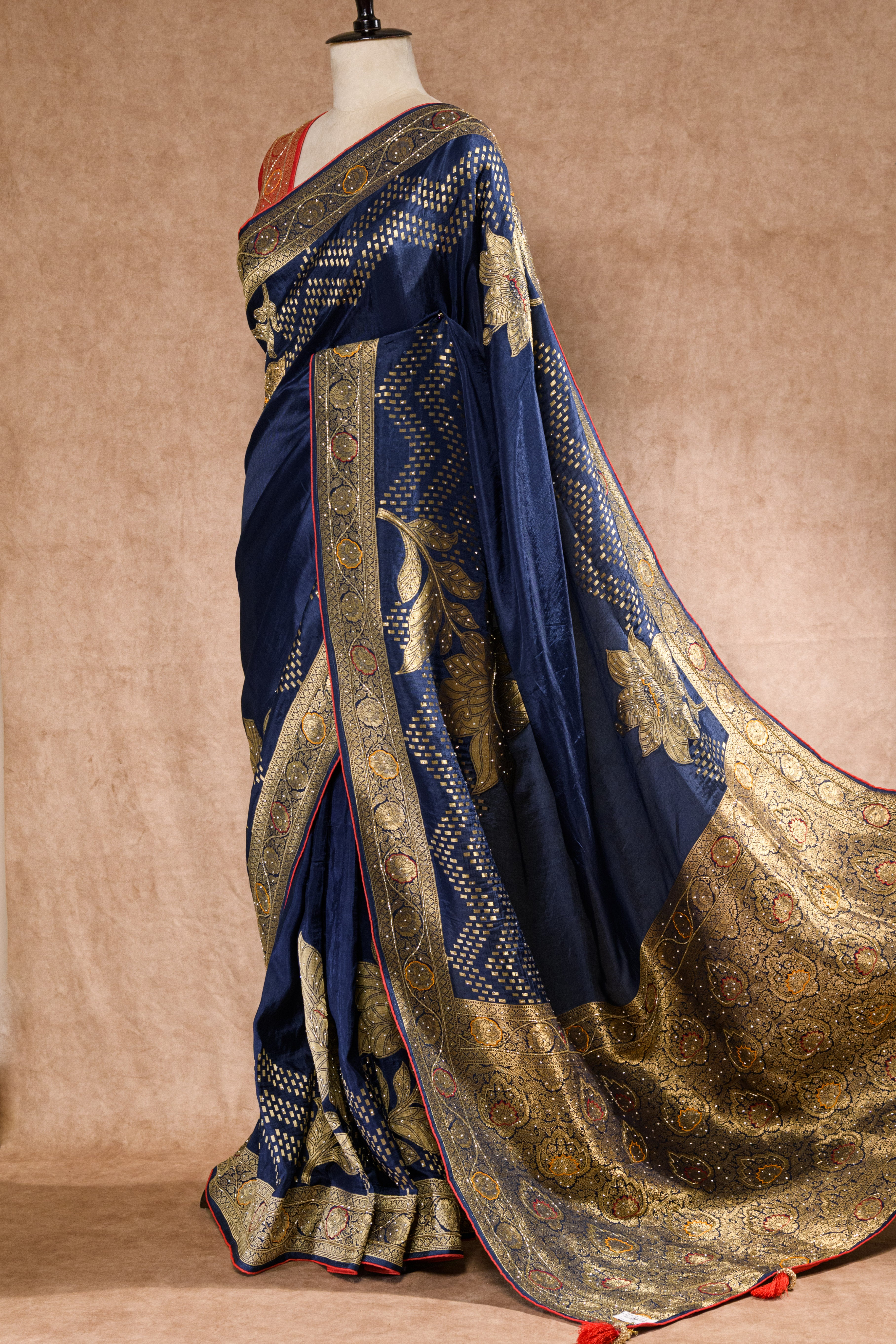 Navy Blue & Red Dolla Weaving Saree with Cutdana & Stone Work