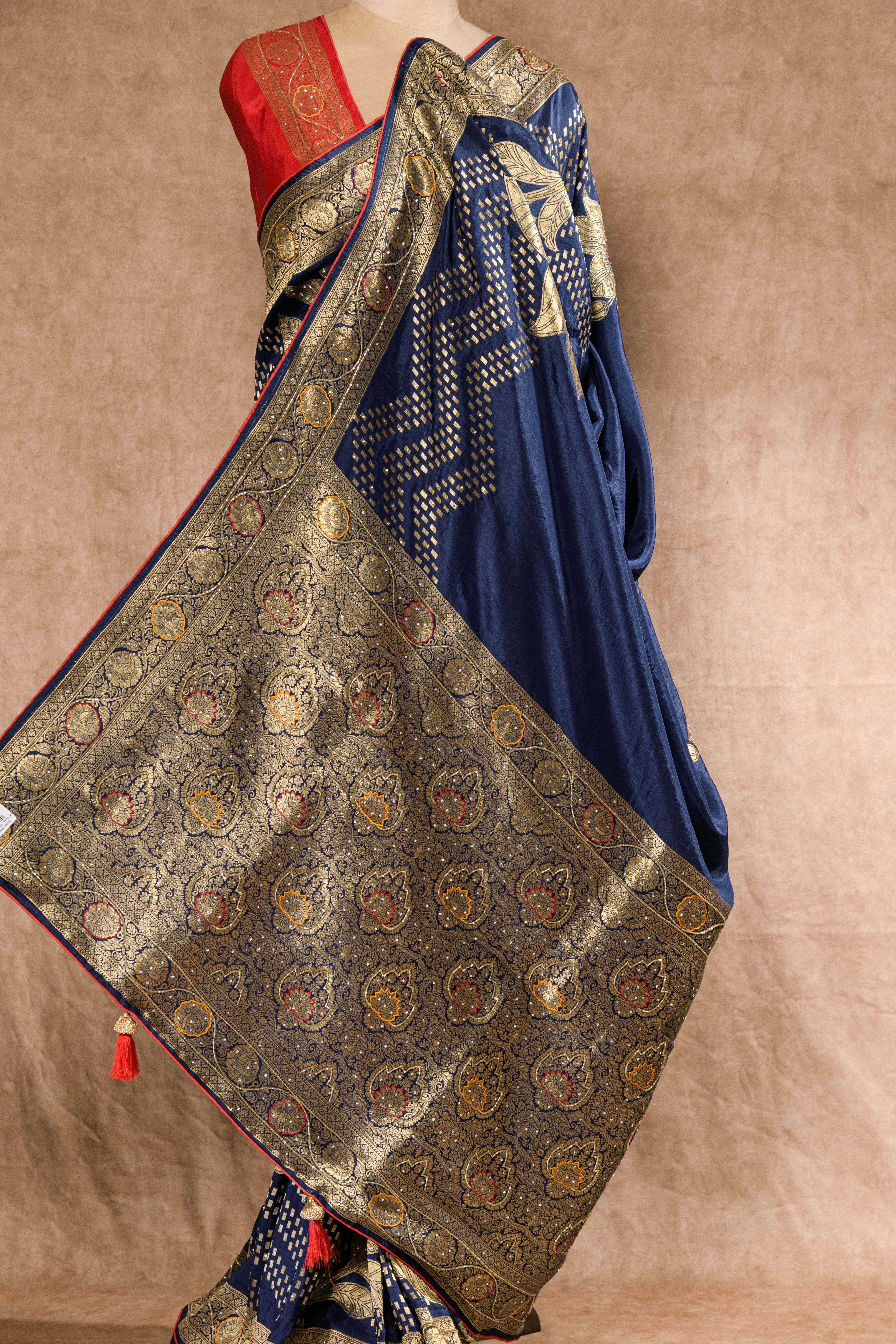 Navy Blue & Red Dolla Weaving Saree with Cutdana & Stone Work