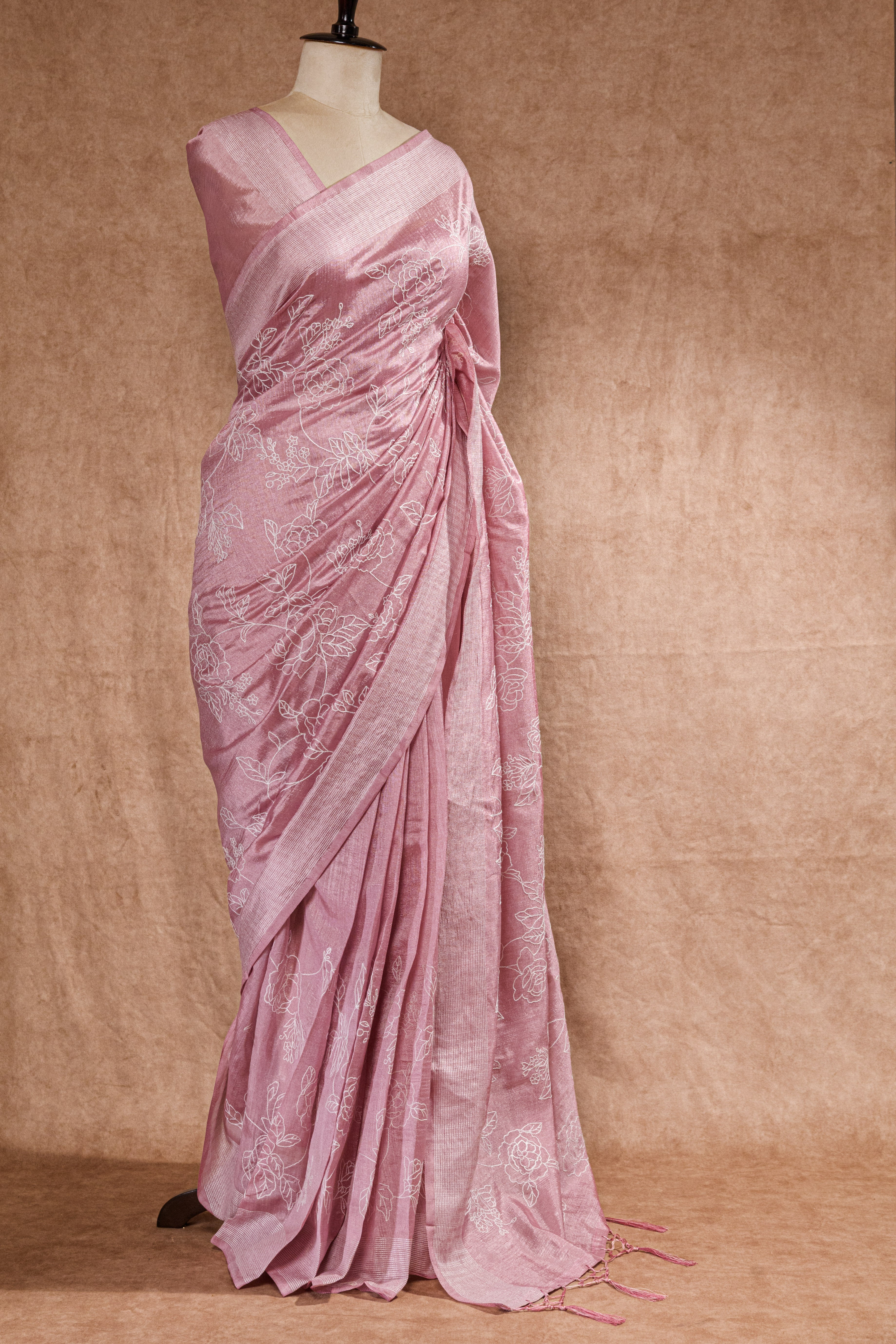 Onion Pink Semi Tussar Saree with All Over Floral Machine Embroidery
