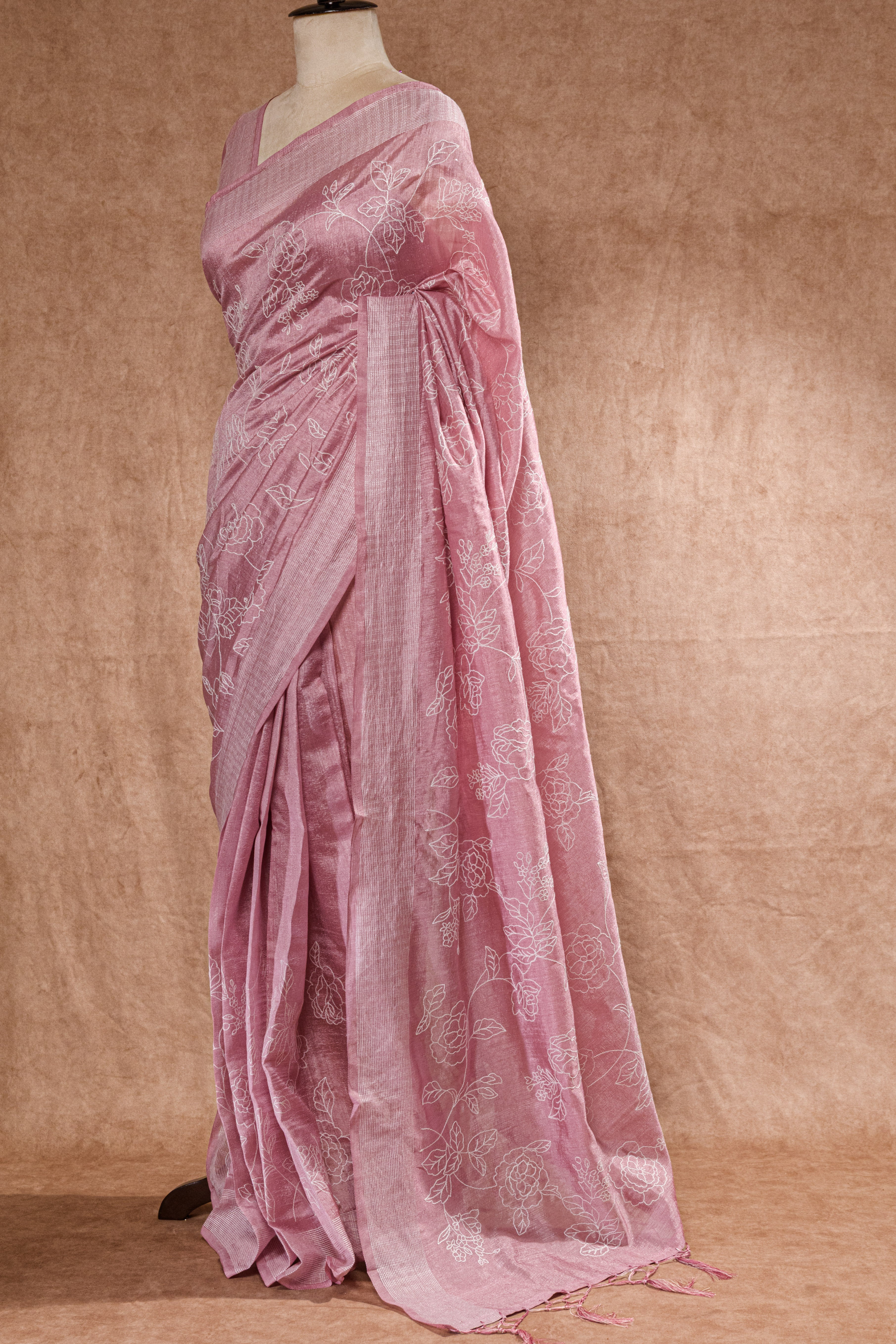 Onion Pink Semi Tussar Saree with All Over Floral Machine Embroidery