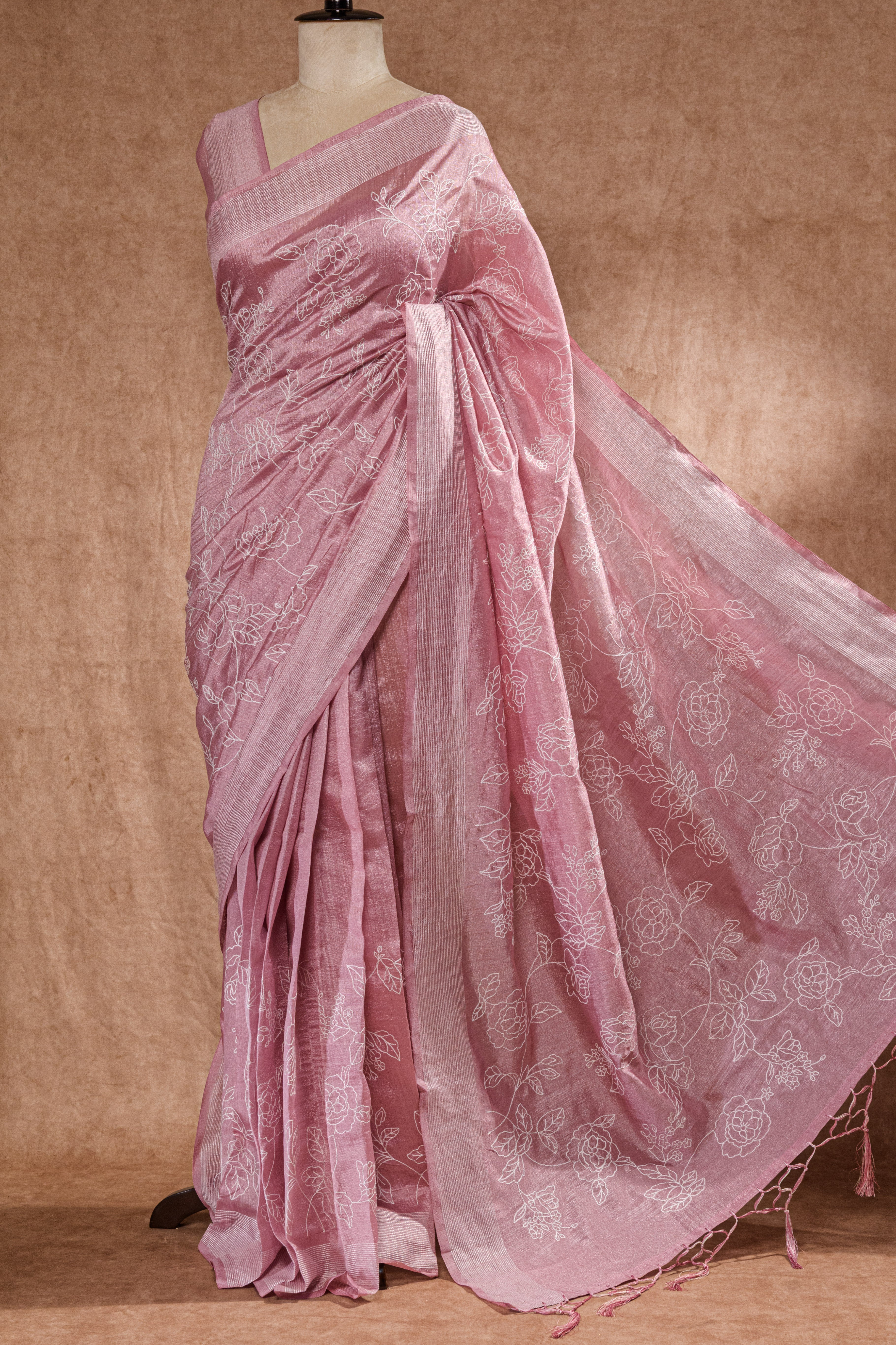 Onion Pink Semi Tussar Saree with All Over Floral Machine Embroidery
