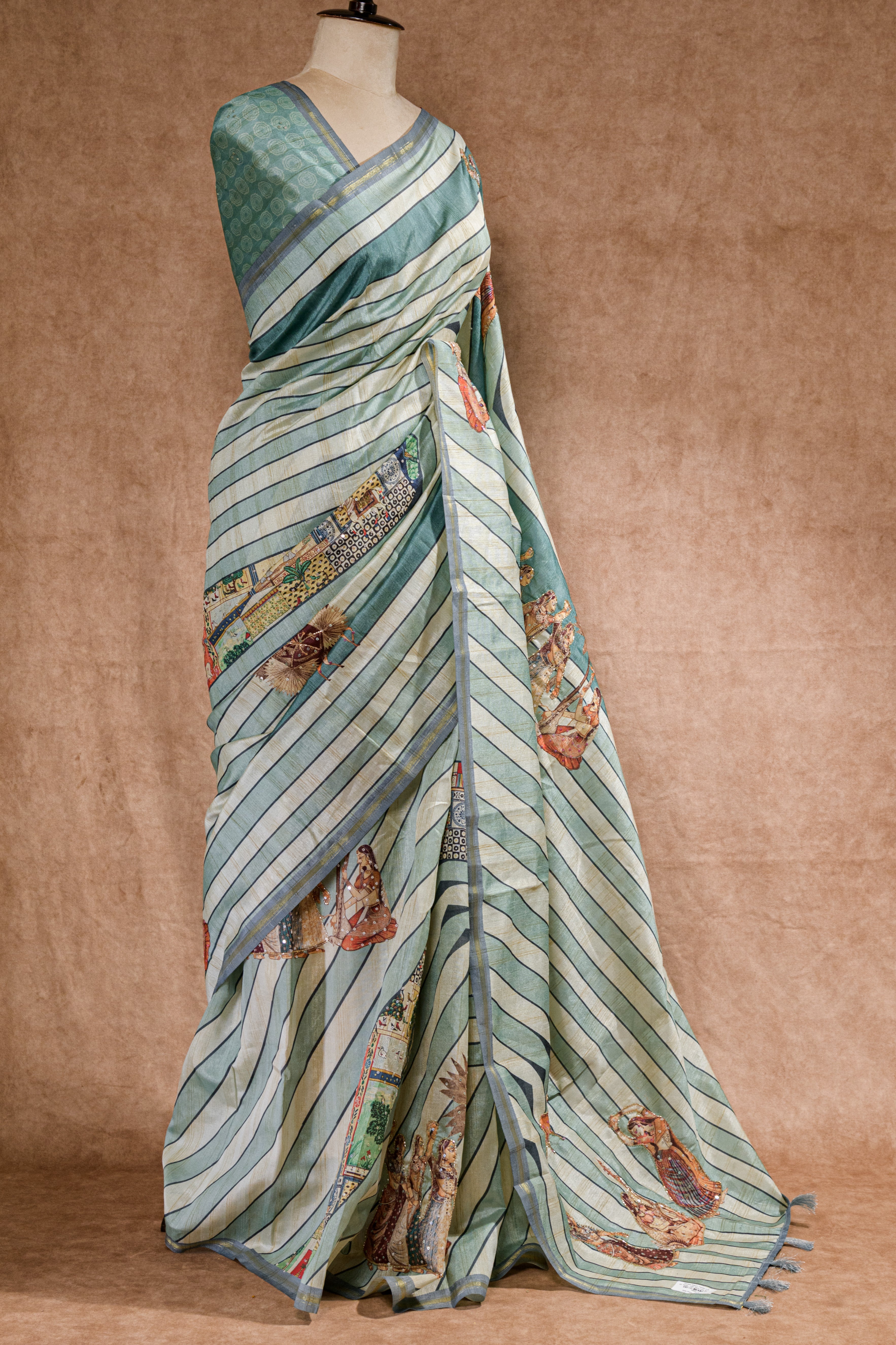 Pastel Rama Green Semi Tussar Saree with Warli Print & Cutdana Work