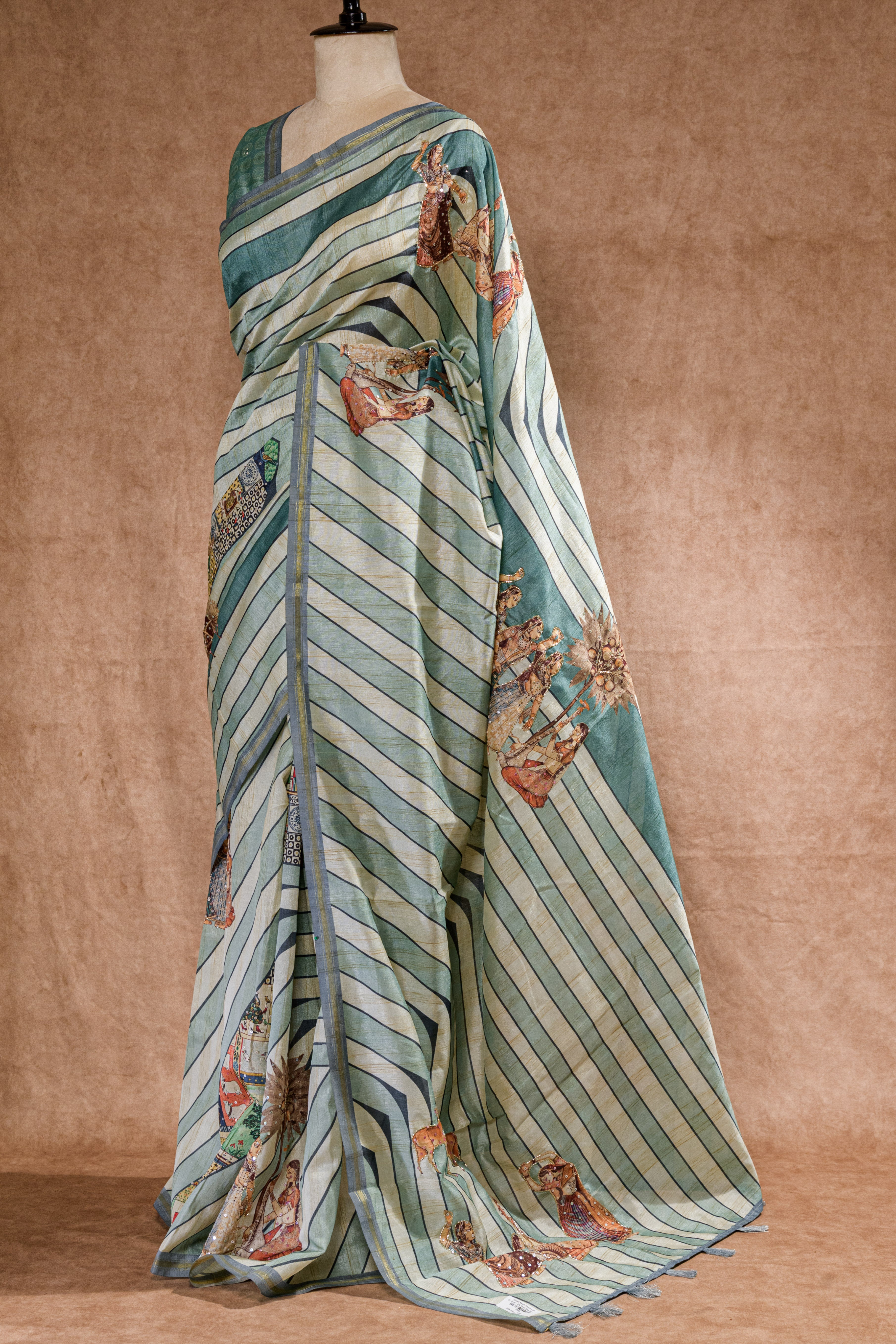 Pastel Rama Green Semi Tussar Saree with Warli Print & Cutdana Work