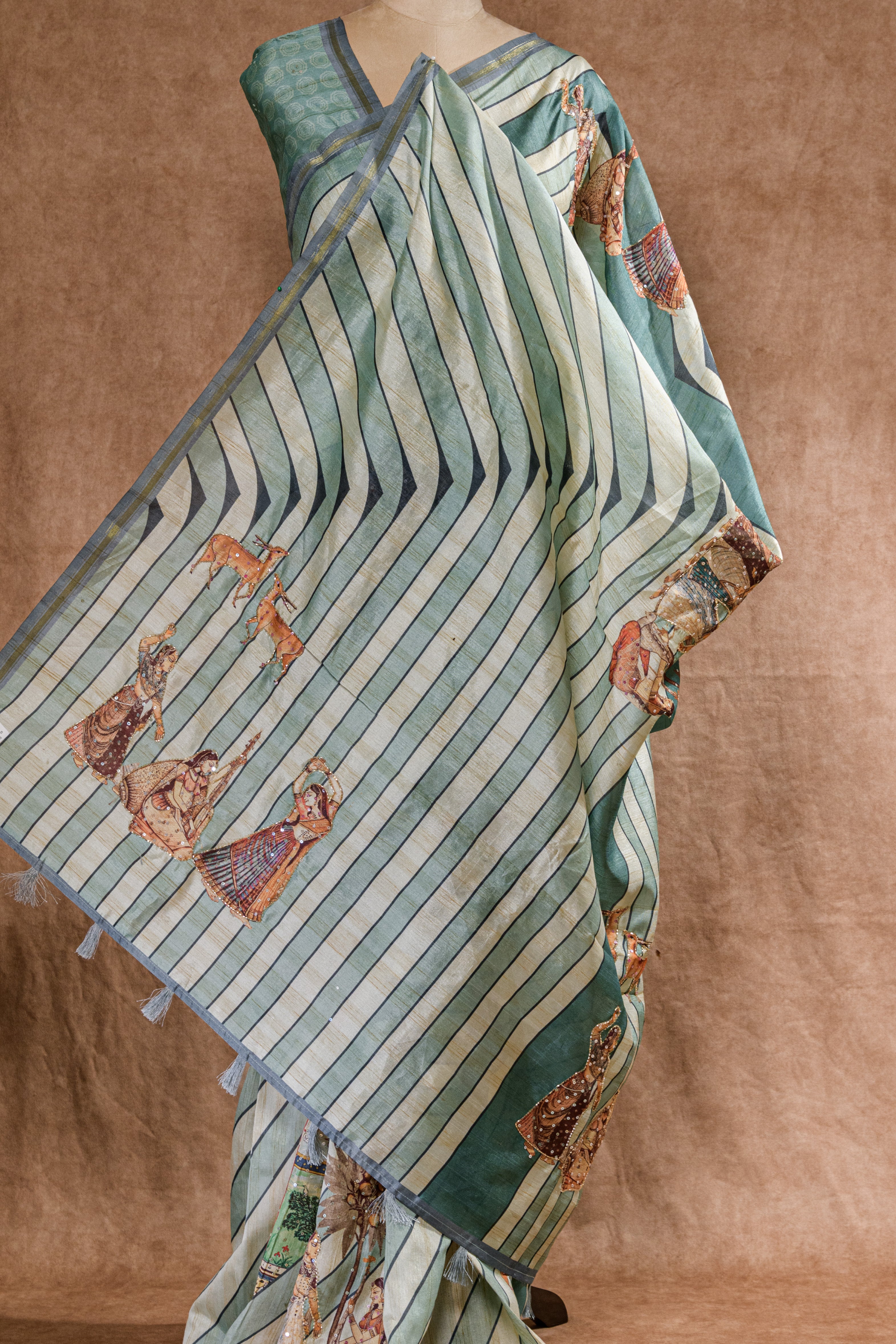 Pastel Rama Green Semi Tussar Saree with Warli Print & Cutdana Work