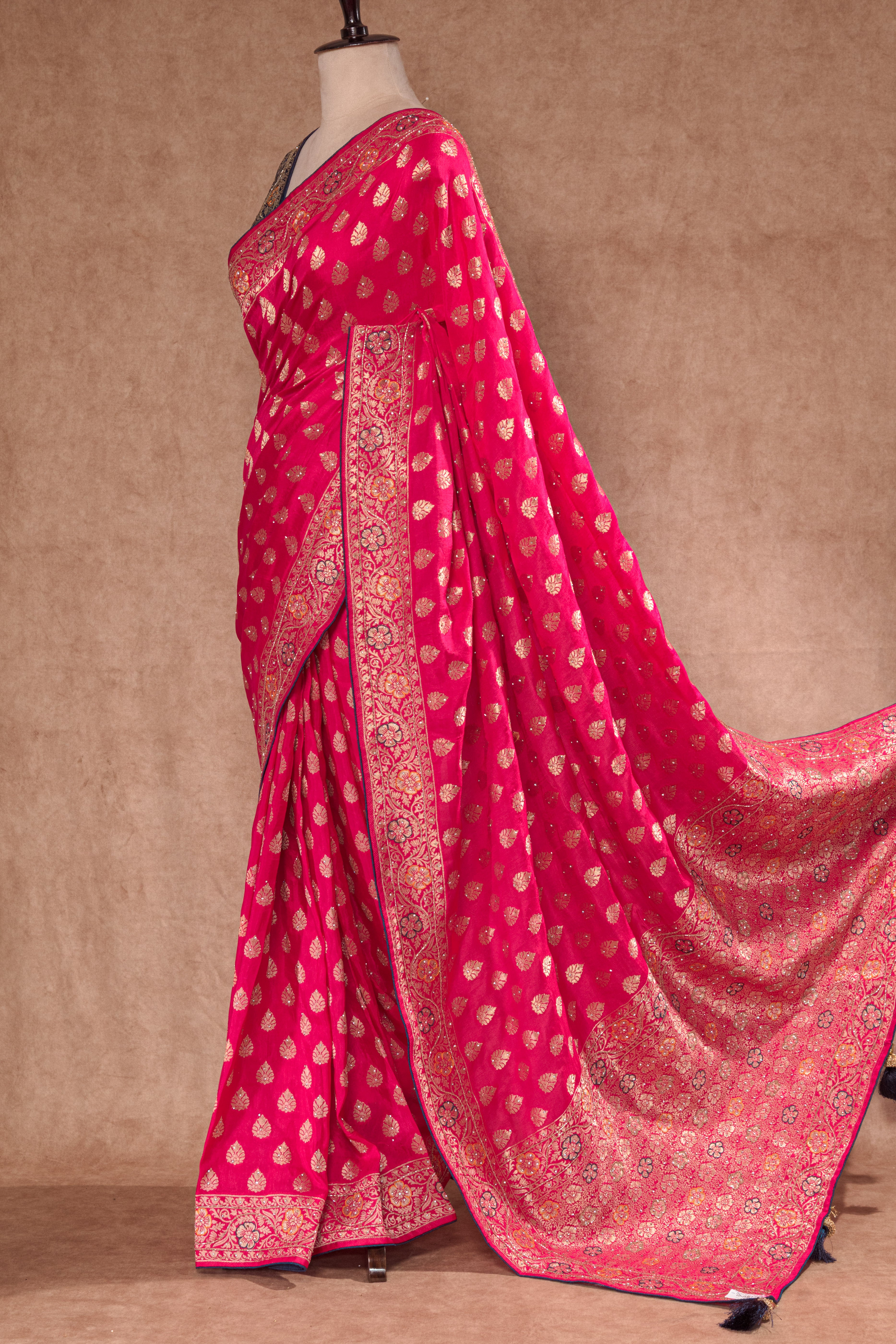 Red & Navy Blue Dolla Weaving Saree with Cutdana Work