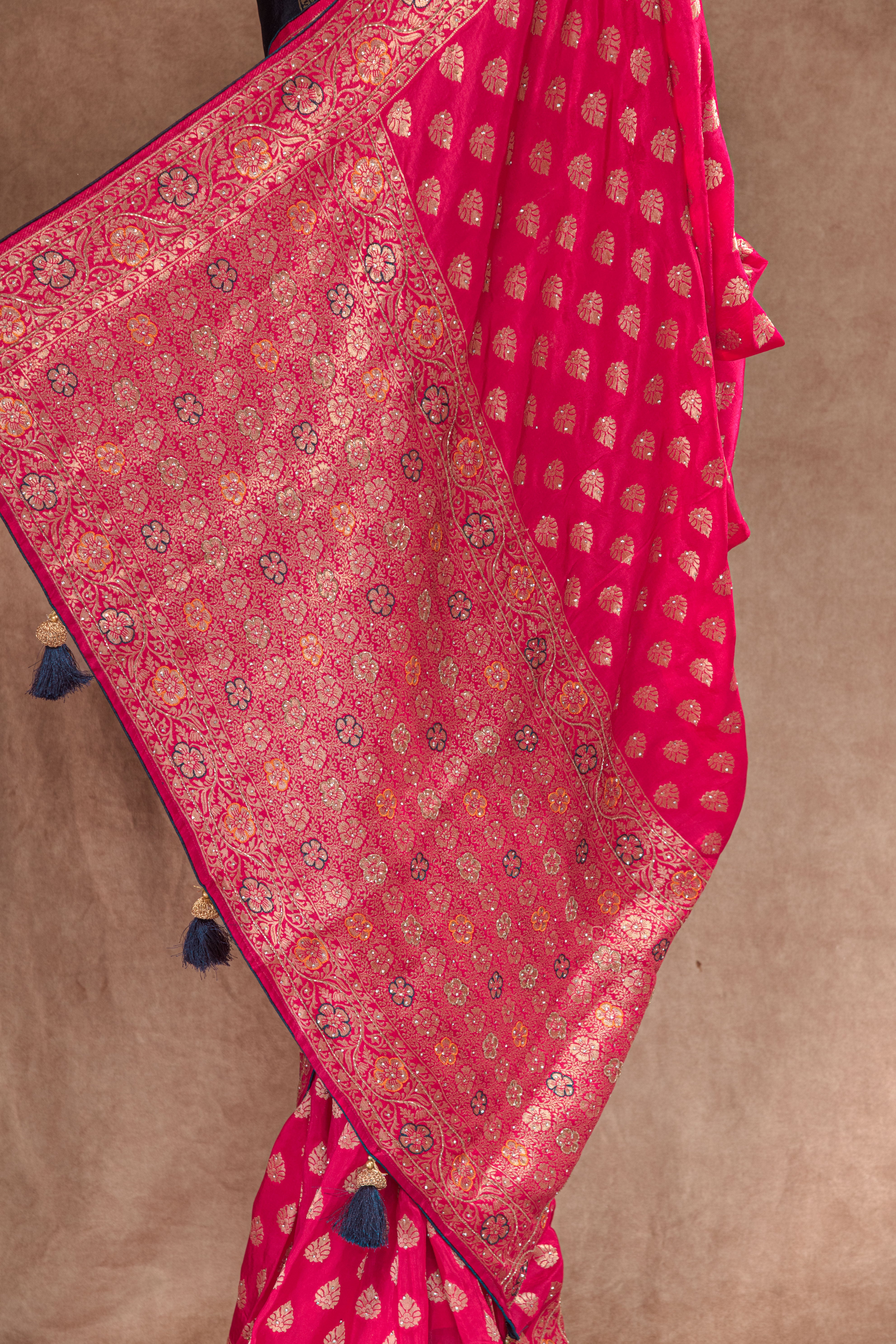 Red & Navy Blue Dolla Weaving Saree with Cutdana Work