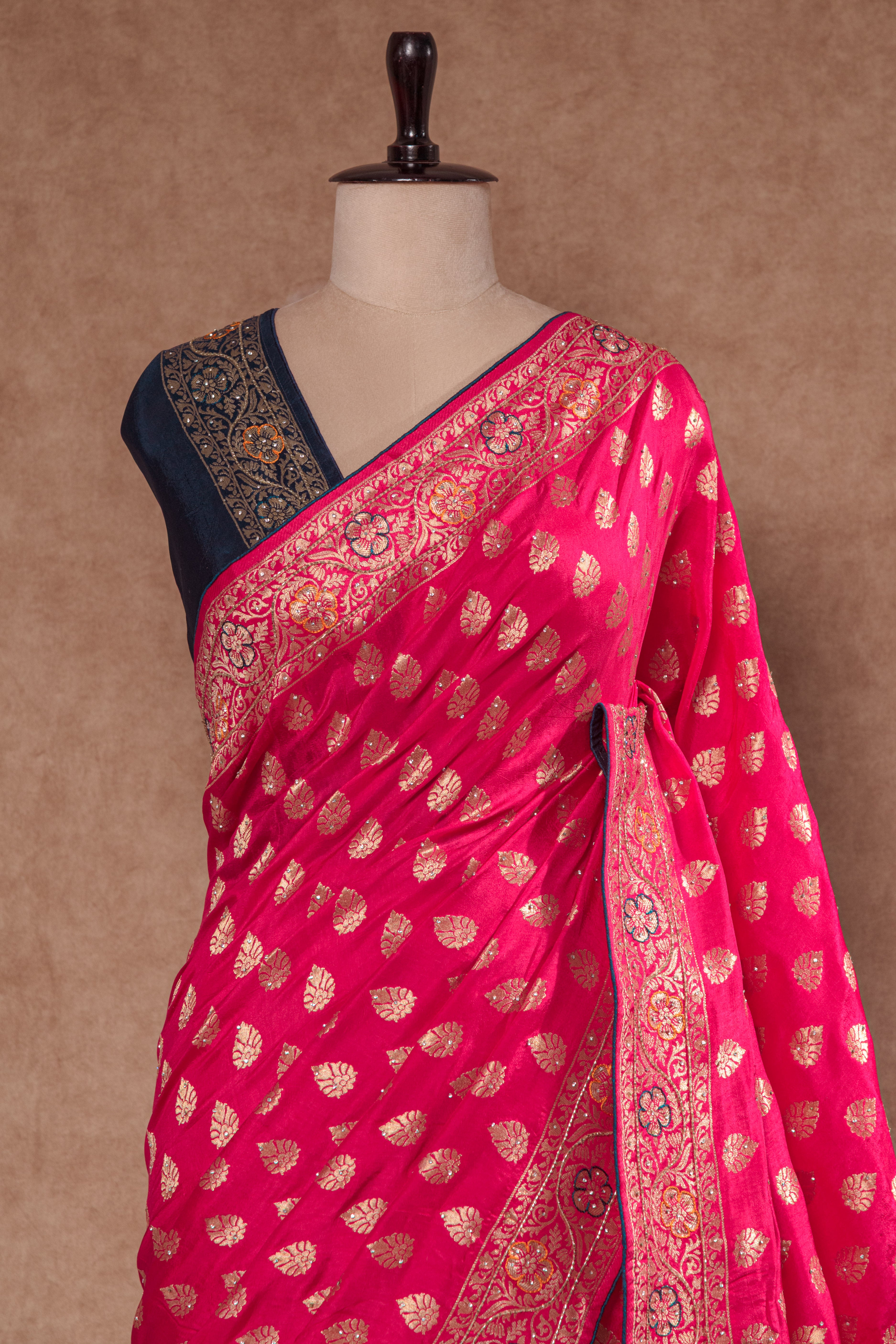 Red & Navy Blue Dolla Weaving Saree with Cutdana Work