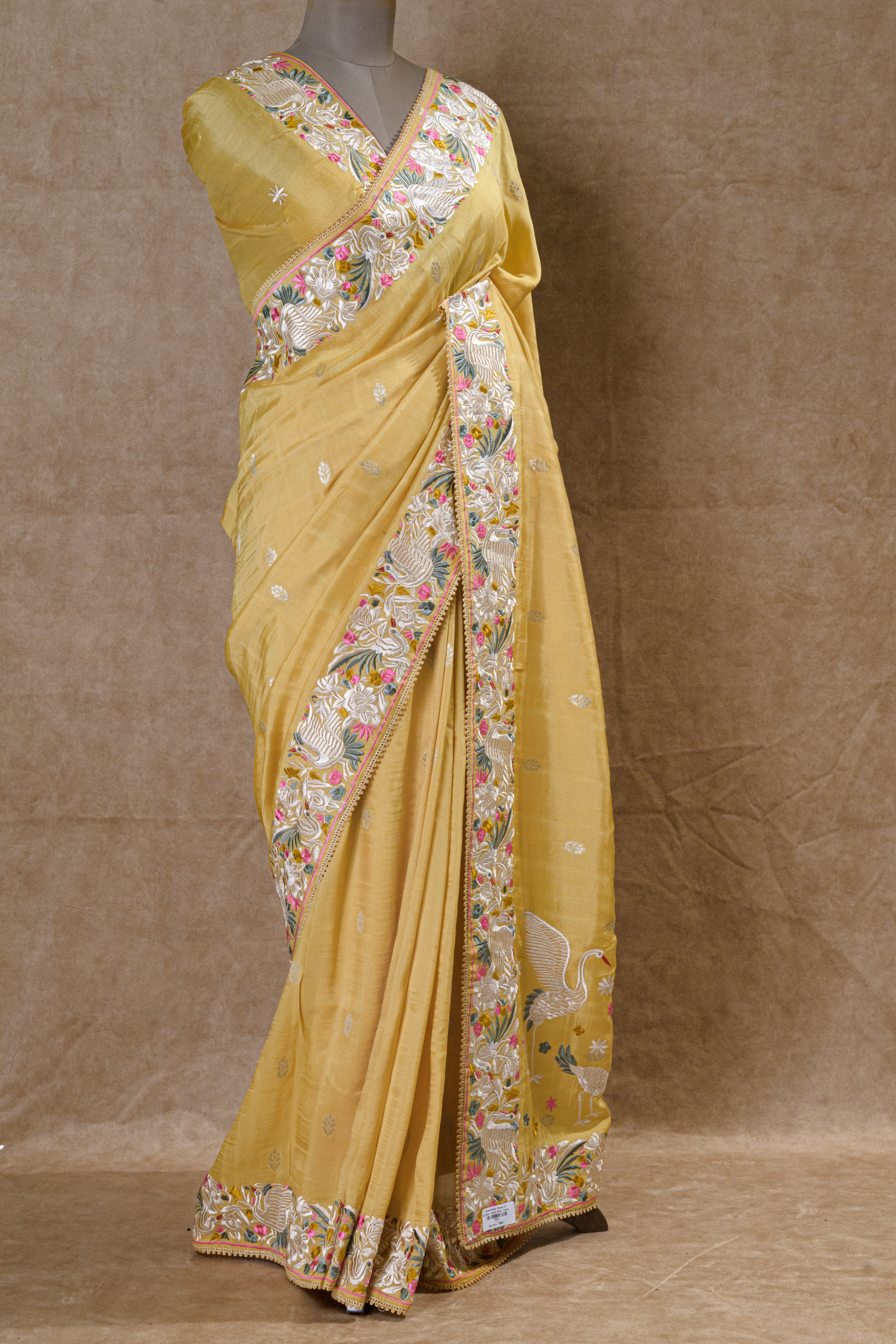 Light Mustard Yellow Silk Saree with Parsi Work and Resham Embroidery