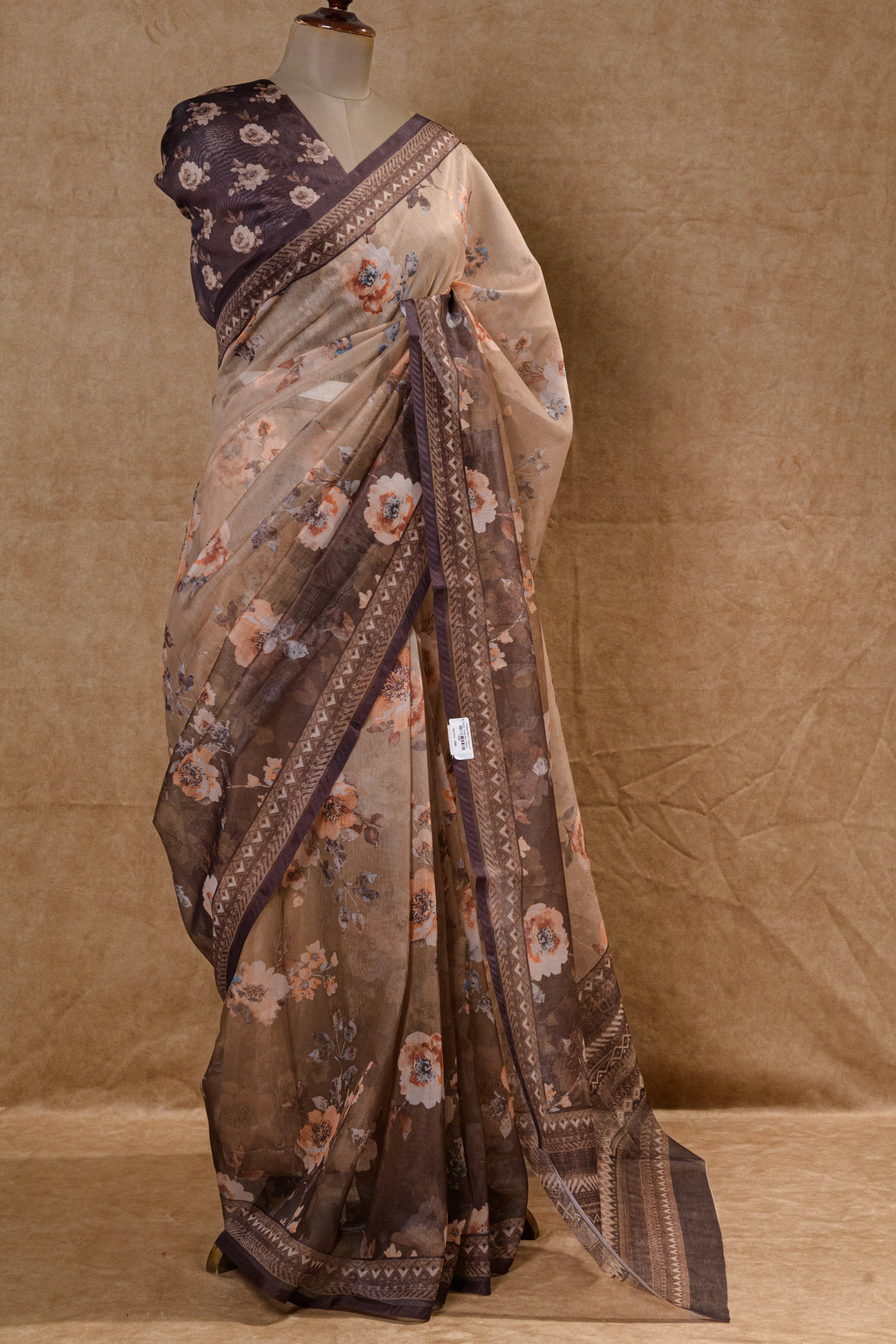 Brown Super Net Saree with Floral Blouse Piece