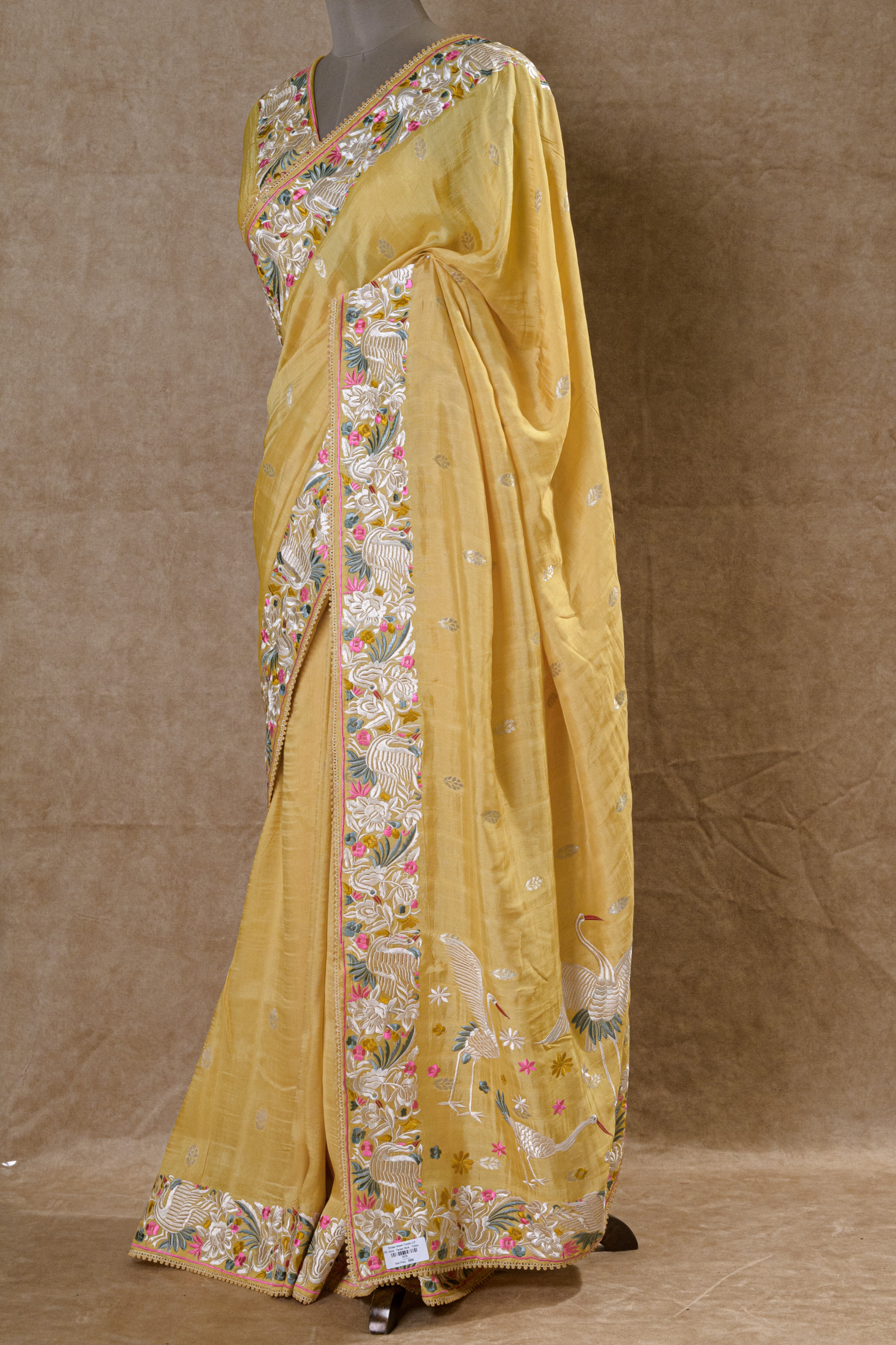 Light Mustard Yellow Silk Saree with Parsi Work and Resham Embroidery