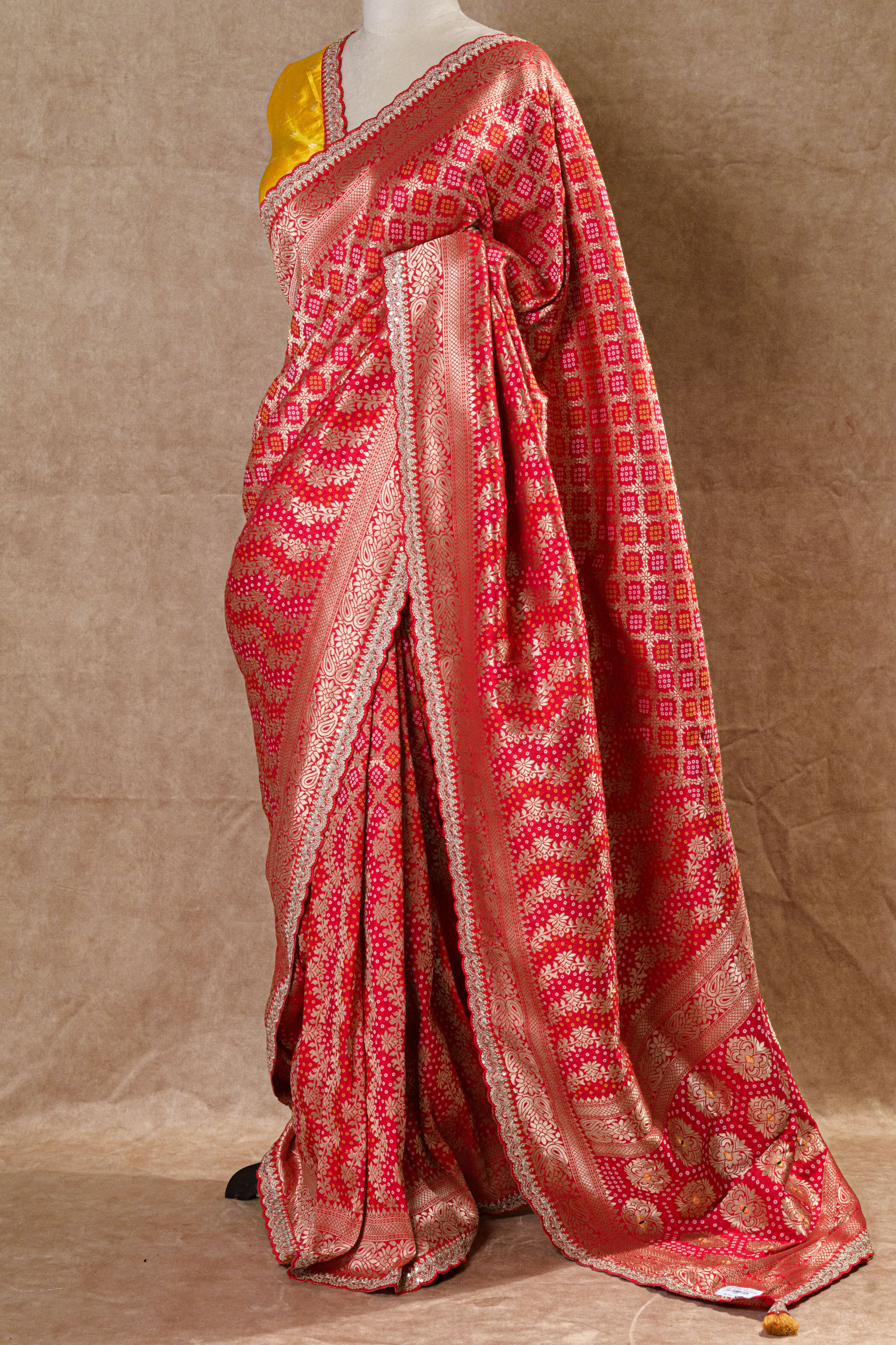 Red & Yellow Dori Silk Organza Saree with Mirror Work and Golden Border