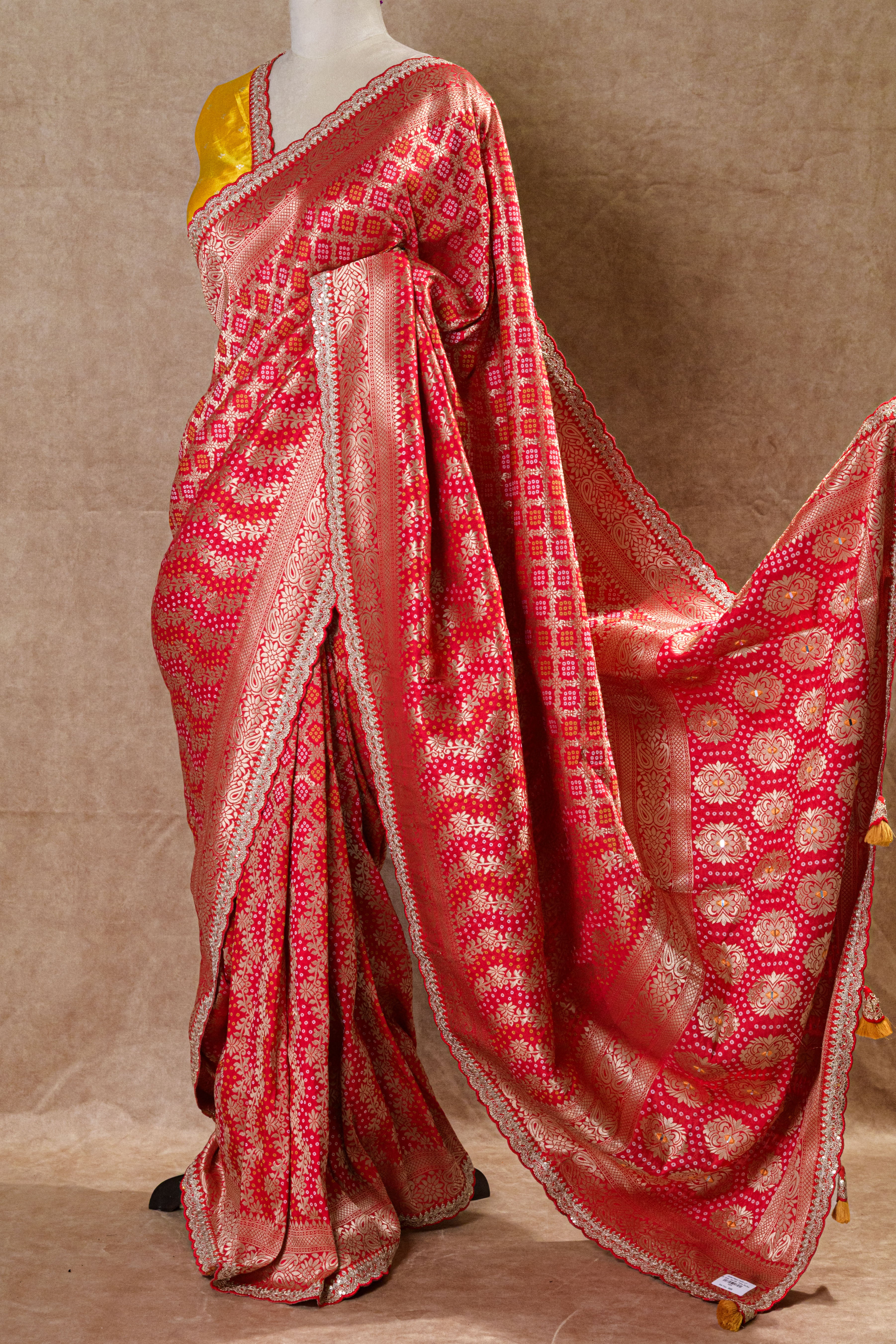 Red & Yellow Dori Silk Organza Saree with Mirror Work and Golden Border