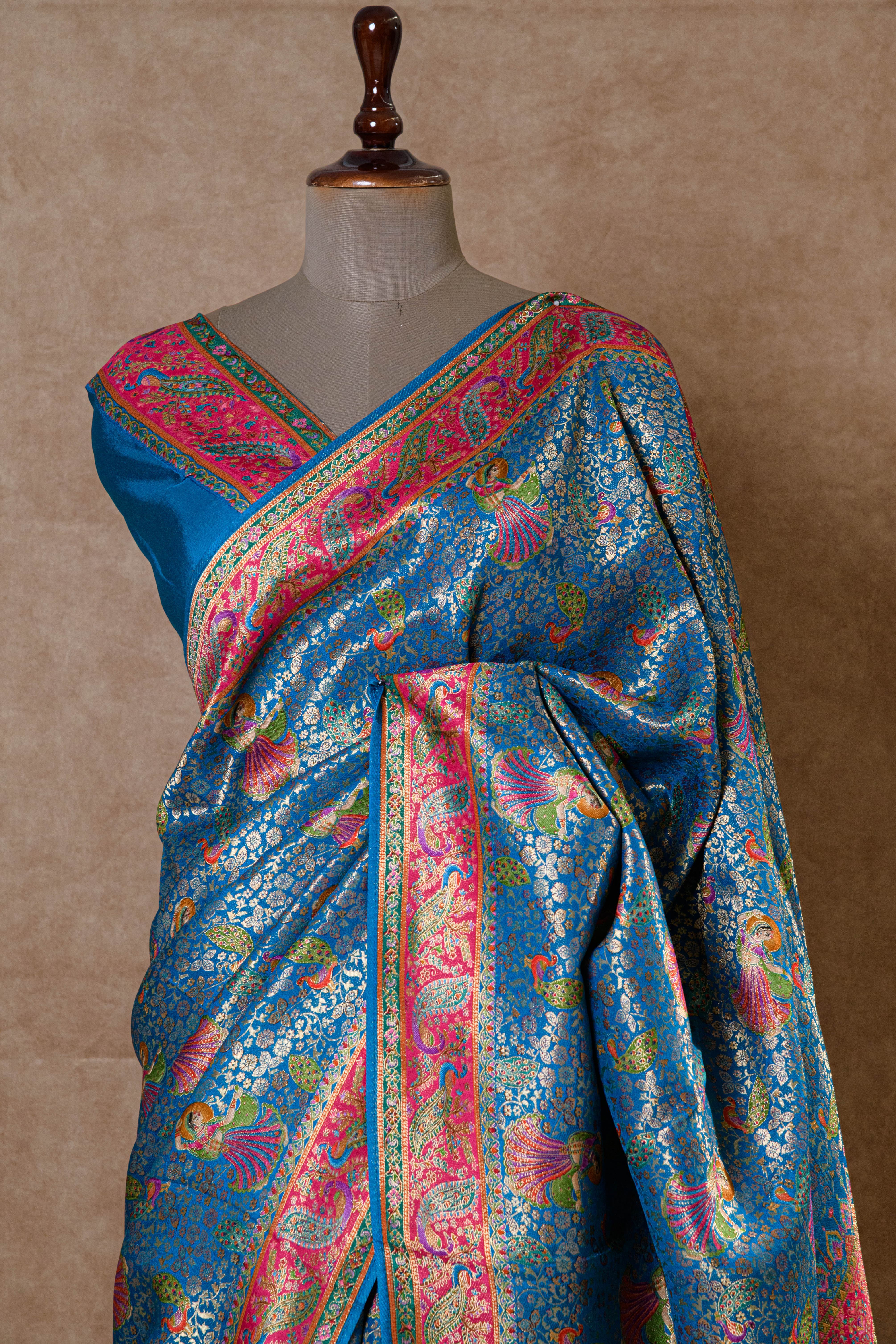 Turquoise Blue Kanjivaram Tissue Silk Saree with Golden and Rani Accents